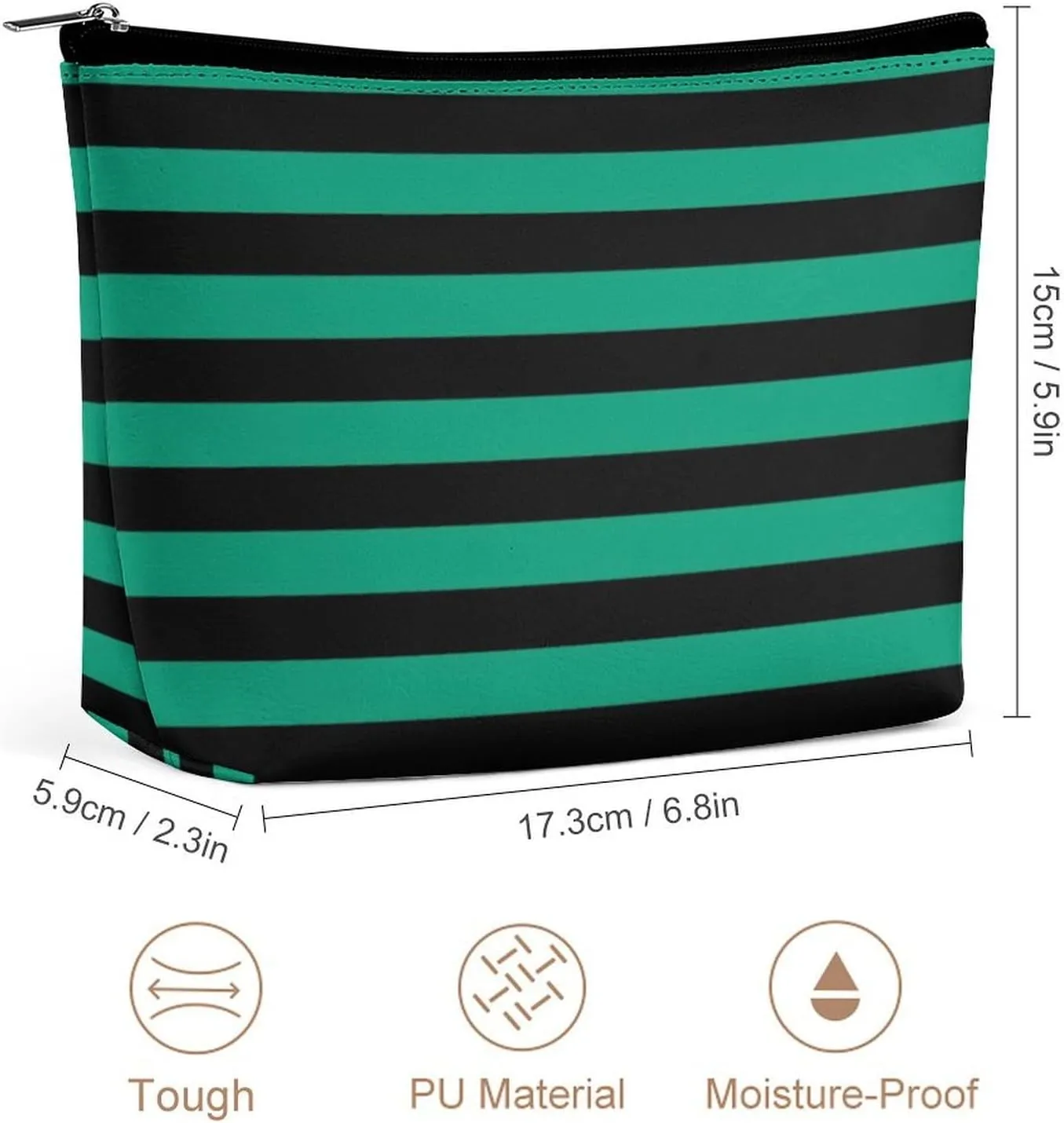 Travel Makeup Bag, Modern Emerald Green Black Stripes Pattern Cosmetic Bags for Women Large Capacity Waterproof Toiletry Pouch Make up Organizer