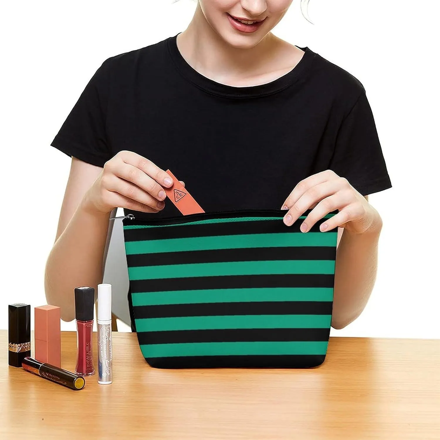 Travel Makeup Bag, Modern Emerald Green Black Stripes Pattern Cosmetic Bags for Women Large Capacity Waterproof Toiletry Pouch Make up Organizer