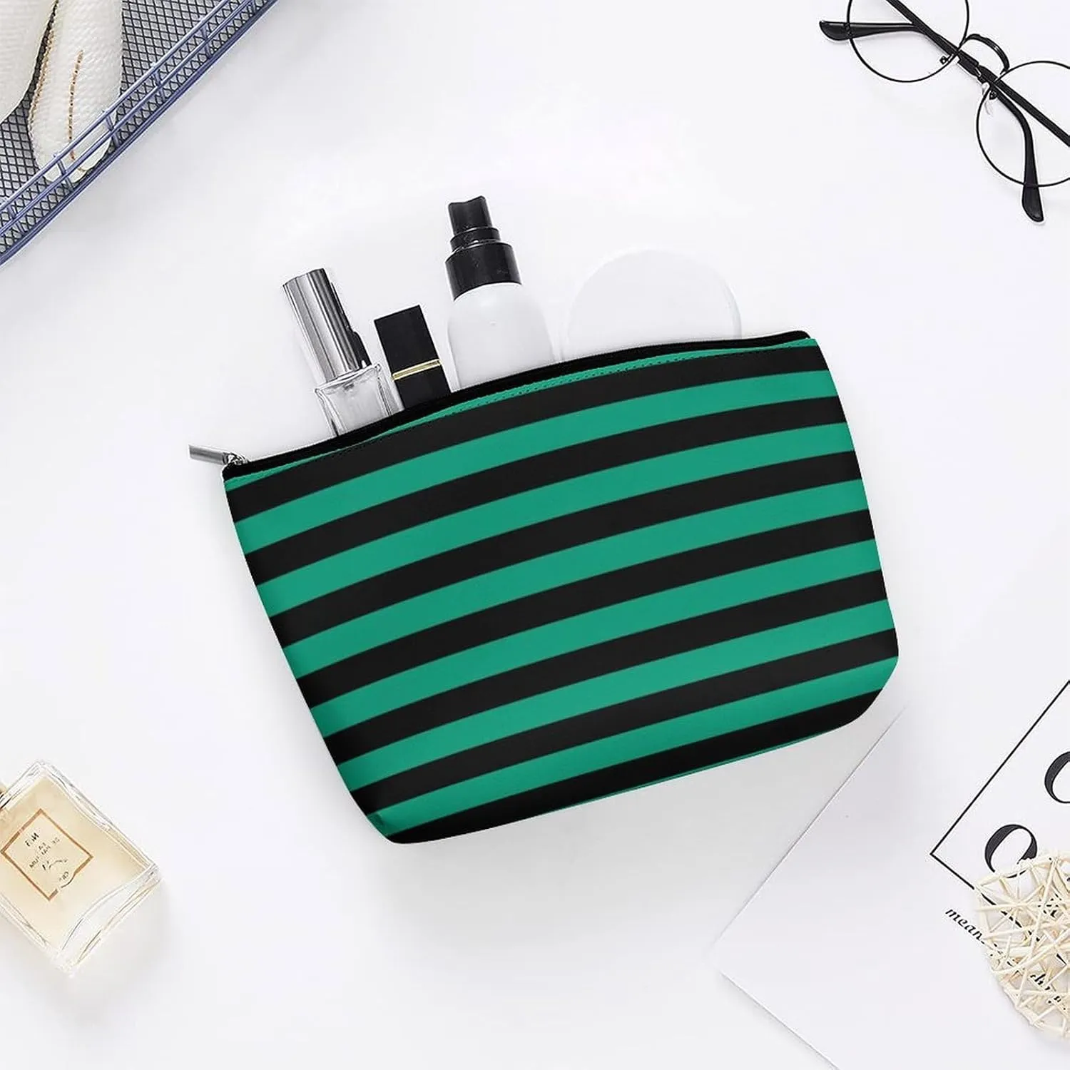 Travel Makeup Bag, Modern Emerald Green Black Stripes Pattern Cosmetic Bags for Women Large Capacity Waterproof Toiletry Pouch Make up Organizer