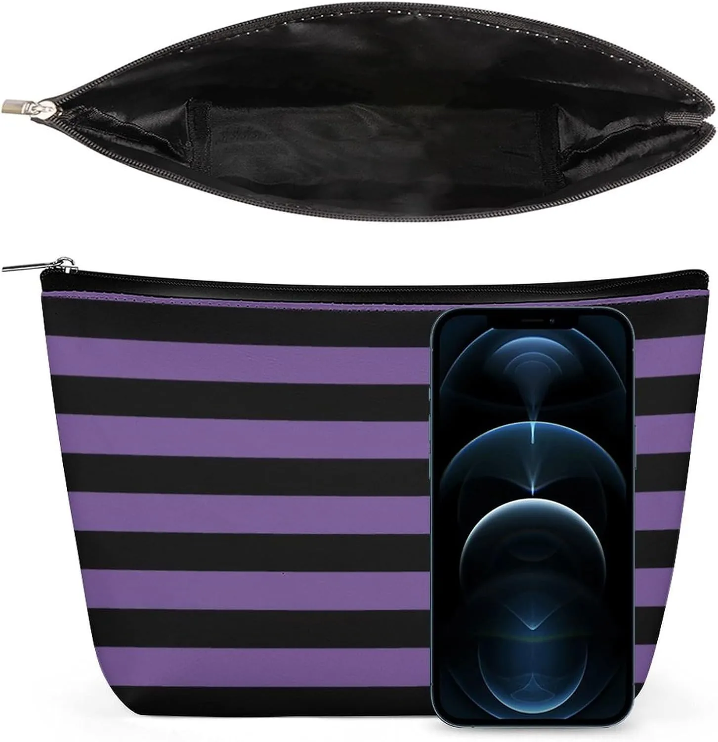 Travel Makeup Bag, Modern Purple Black Striped Pattern Cosmetic Bags for Women Large Capacity Waterproof Toiletry Pouch Make up Organizer