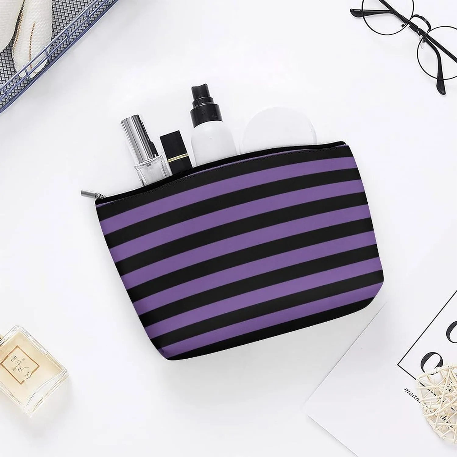 Travel Makeup Bag, Modern Purple Black Striped Pattern Cosmetic Bags for Women Large Capacity Waterproof Toiletry Pouch Make up Organizer