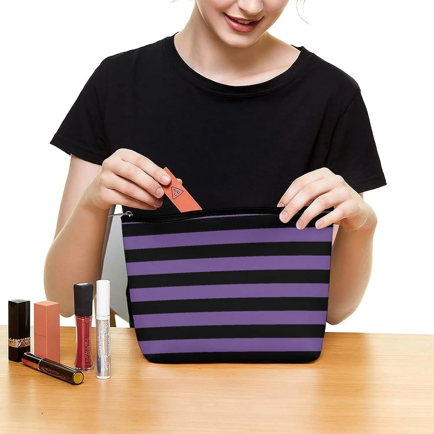 Travel Makeup Bag, Modern Purple Black Striped Pattern Cosmetic Bags for Women Large Capacity Waterproof Toiletry Pouch Make up Organizer