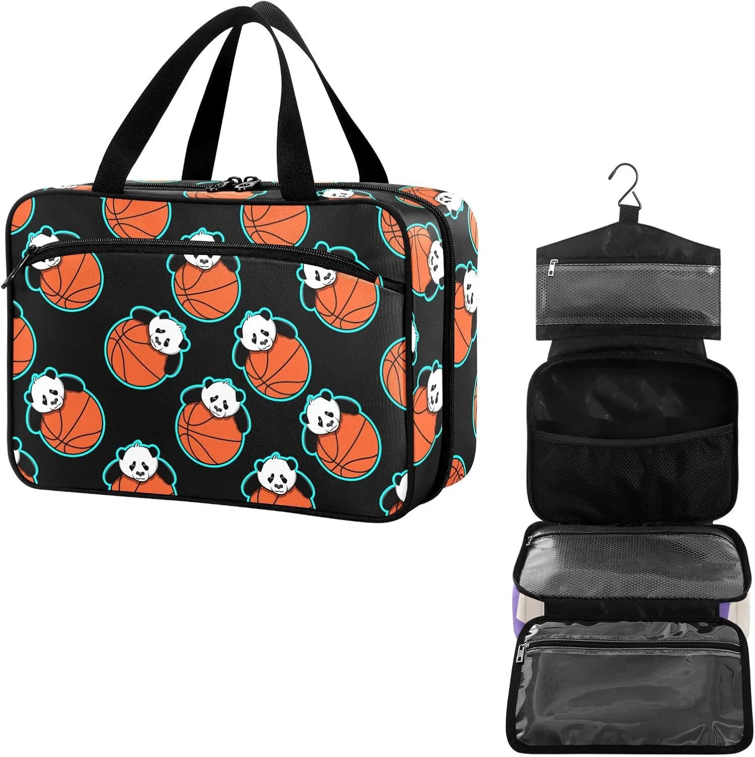 Travel Toiletry Bag for Woman/Men, Panda Basketball Sport Animal Hanging Organizer Bag with Pockets Portable Folding Travel Case Bags for Makeup Cosmetic Toiletries Storage Traveling-M