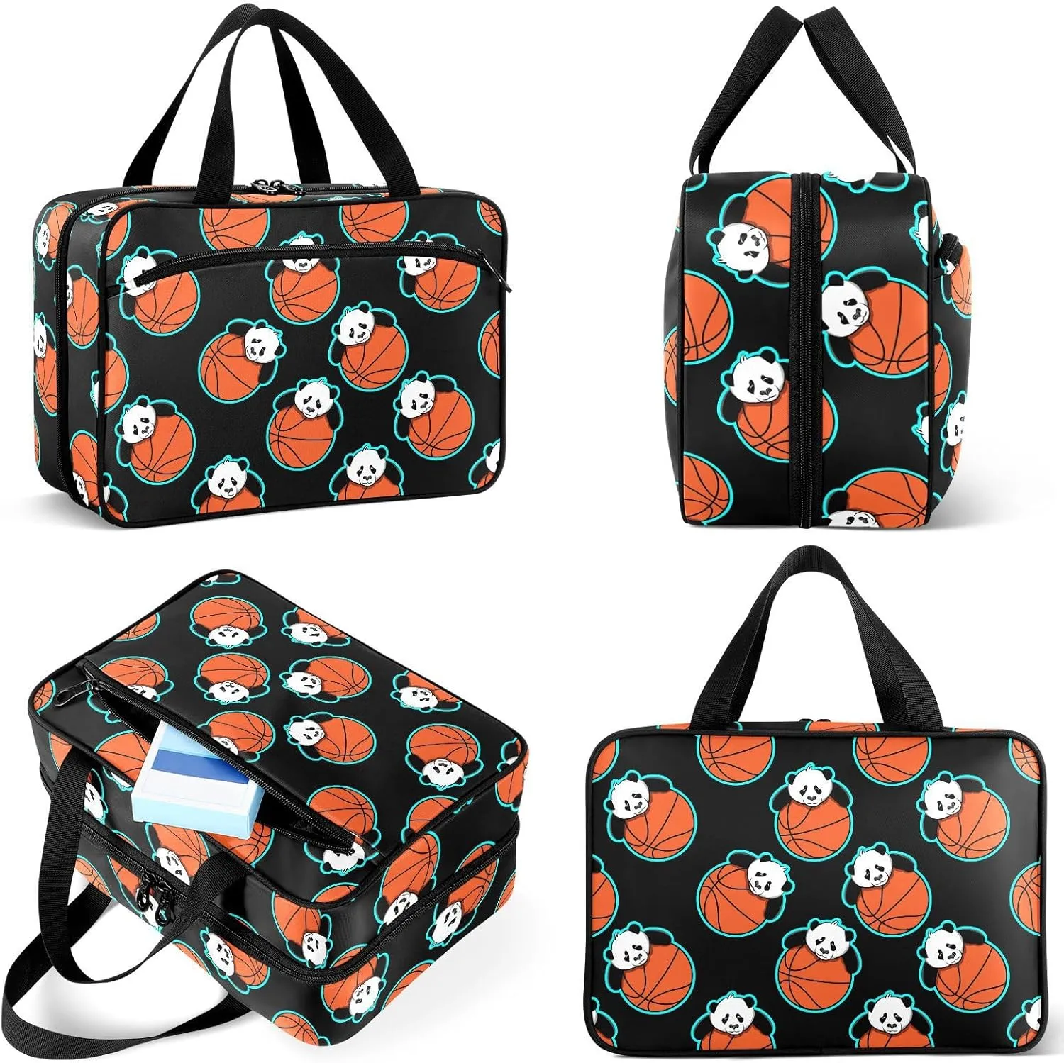 Travel Toiletry Bag for Woman/Men, Panda Basketball Sport Animal Hanging Organizer Bag with Pockets Portable Folding Travel Case Bags for Makeup Cosmetic Toiletries Storage Traveling-M