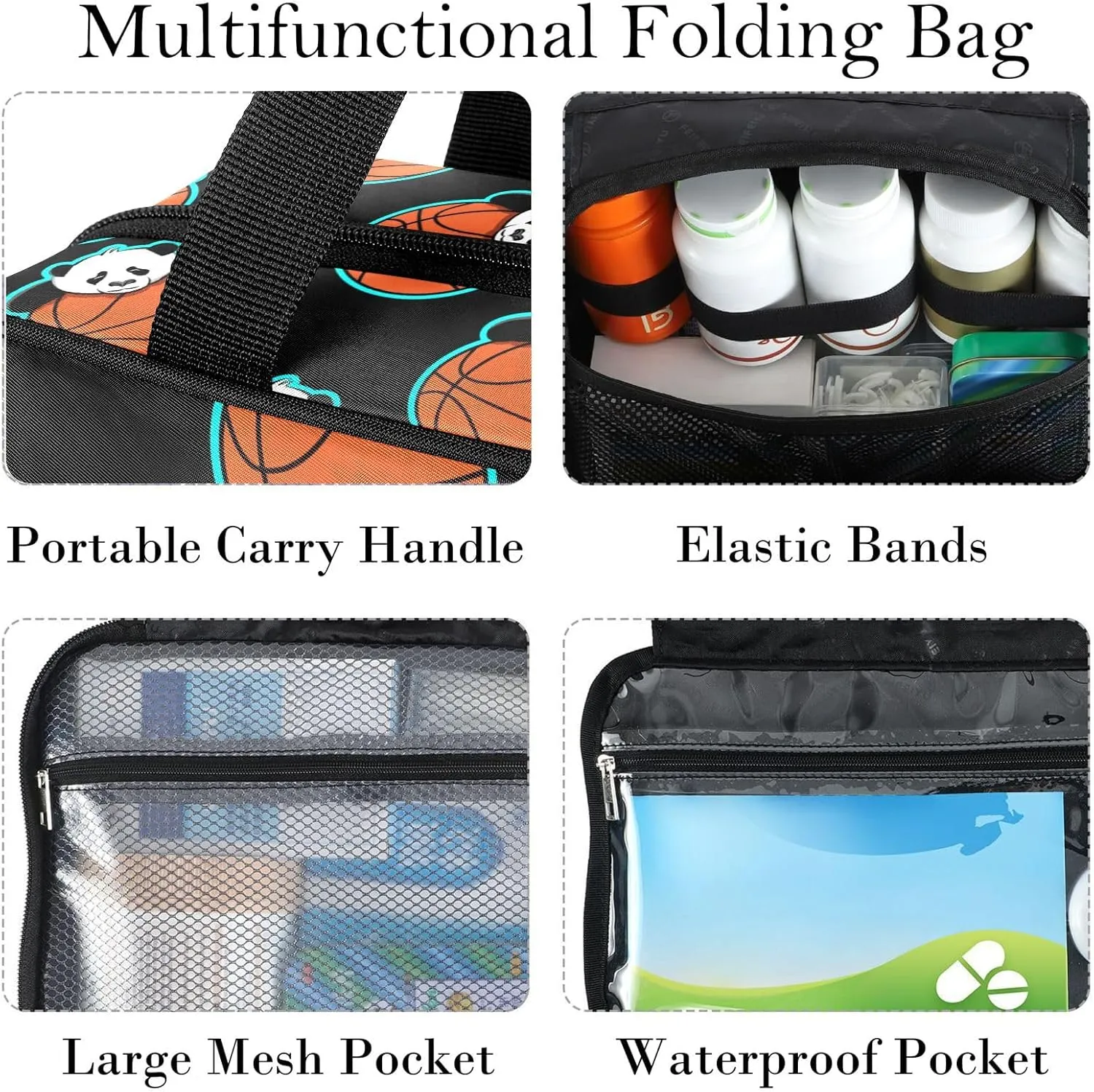 Travel Toiletry Bag for Woman/Men, Panda Basketball Sport Animal Hanging Organizer Bag with Pockets Portable Folding Travel Case Bags for Makeup Cosmetic Toiletries Storage Traveling-M