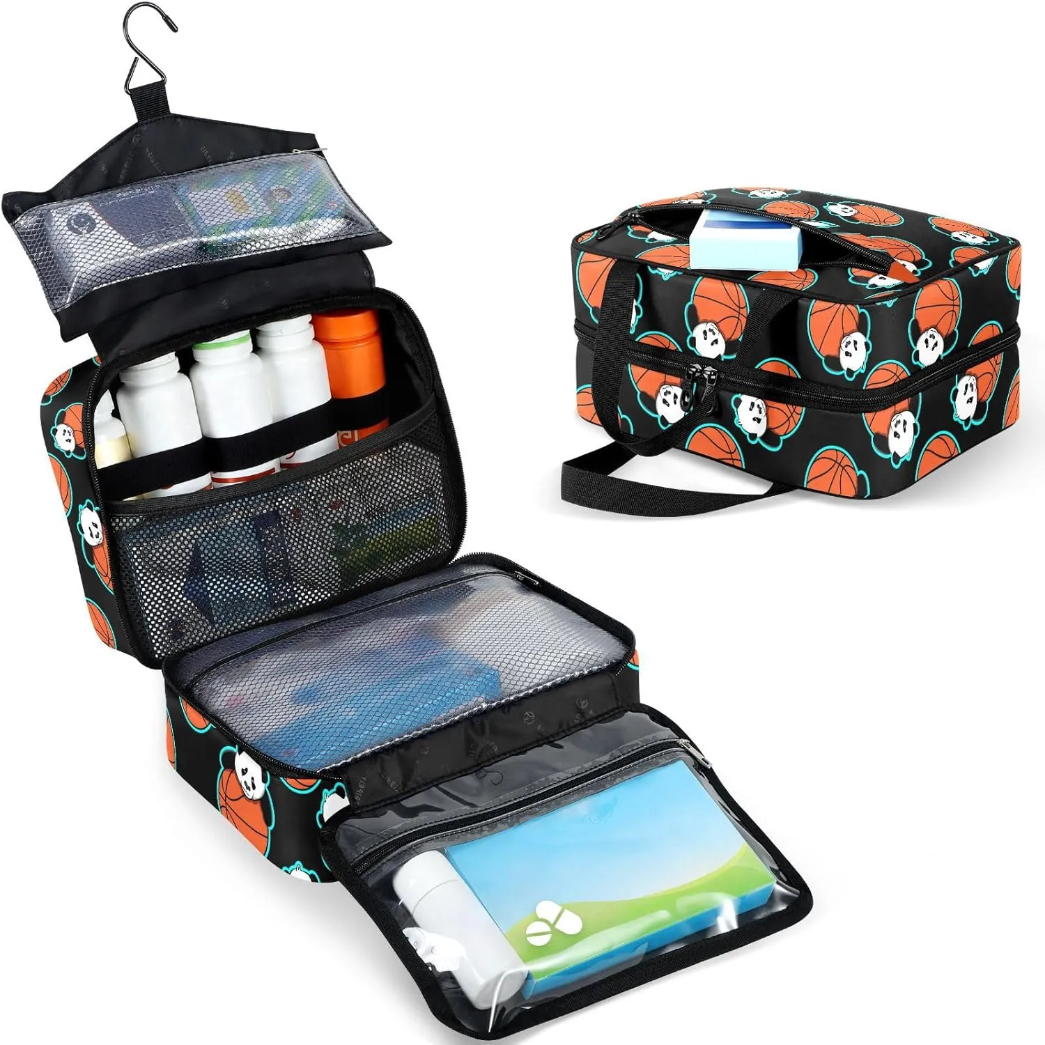 Travel Toiletry Bag for Woman/Men, Panda Basketball Sport Animal Hanging Organizer Bag with Pockets Portable Folding Travel Case Bags for Makeup Cosmetic Toiletries Storage Traveling-M