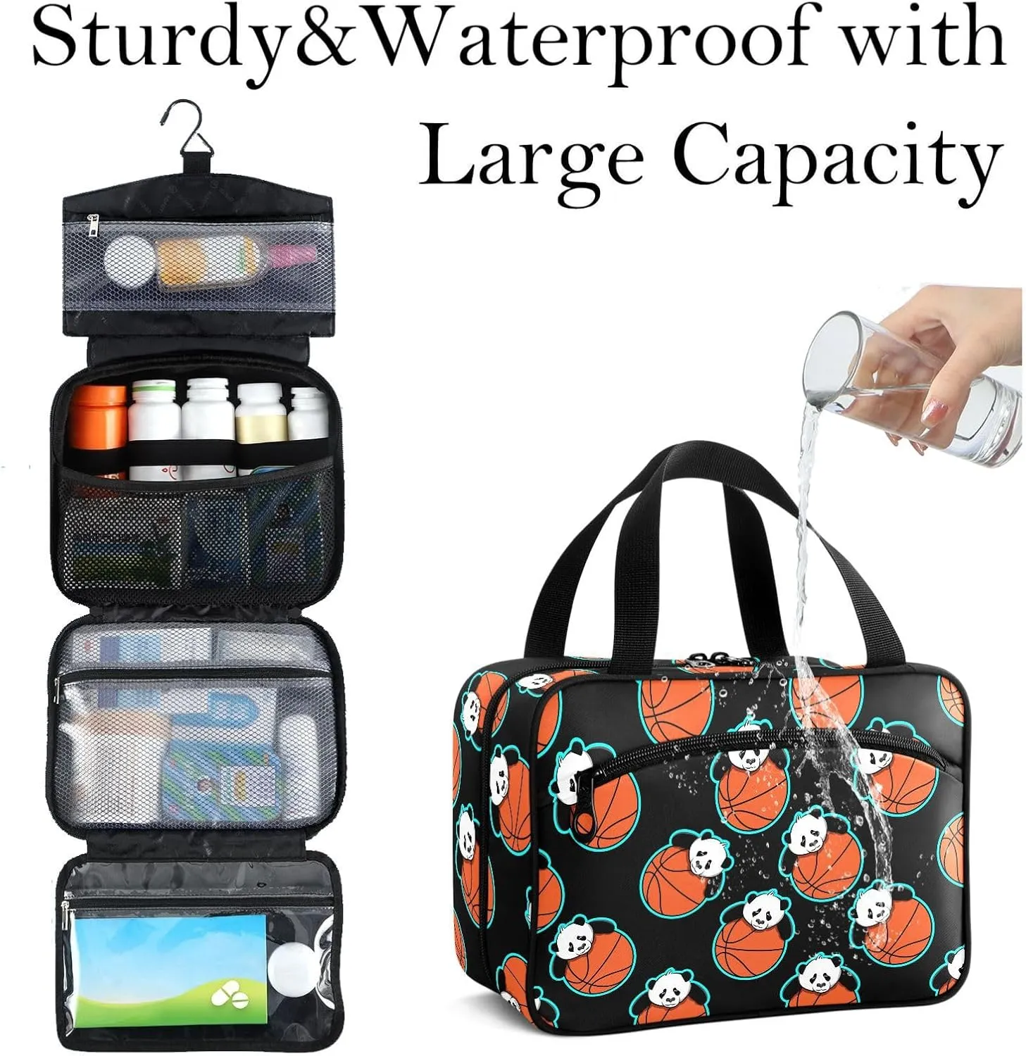 Travel Toiletry Bag for Woman/Men, Panda Basketball Sport Animal Hanging Organizer Bag with Pockets Portable Folding Travel Case Bags for Makeup Cosmetic Toiletries Storage Traveling-M