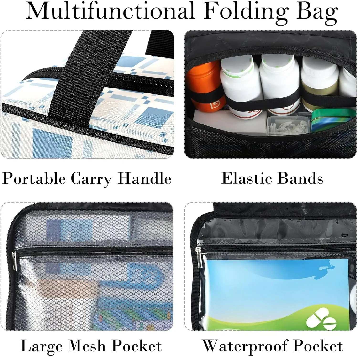 Travel Toiletry Bag for Woman/Men,Blue Beige Checkered Plaid Hanging Organizer Bag with Pockets Portable Folding Travel Case Bags for Makeup Cosmetic Toiletries Storage Traveling-L