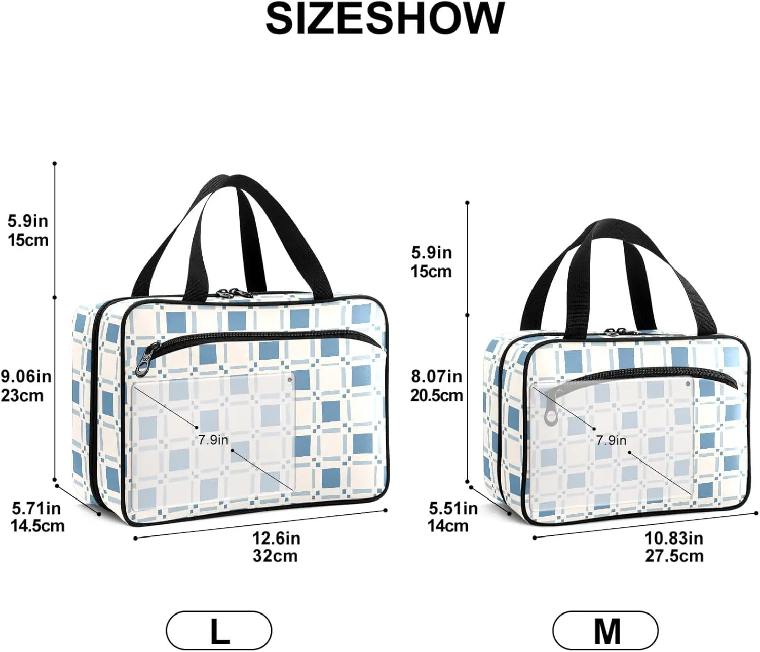 Travel Toiletry Bag for Woman/Men,Blue Beige Checkered Plaid Hanging Organizer Bag with Pockets Portable Folding Travel Case Bags for Makeup Cosmetic Toiletries Storage Traveling-L