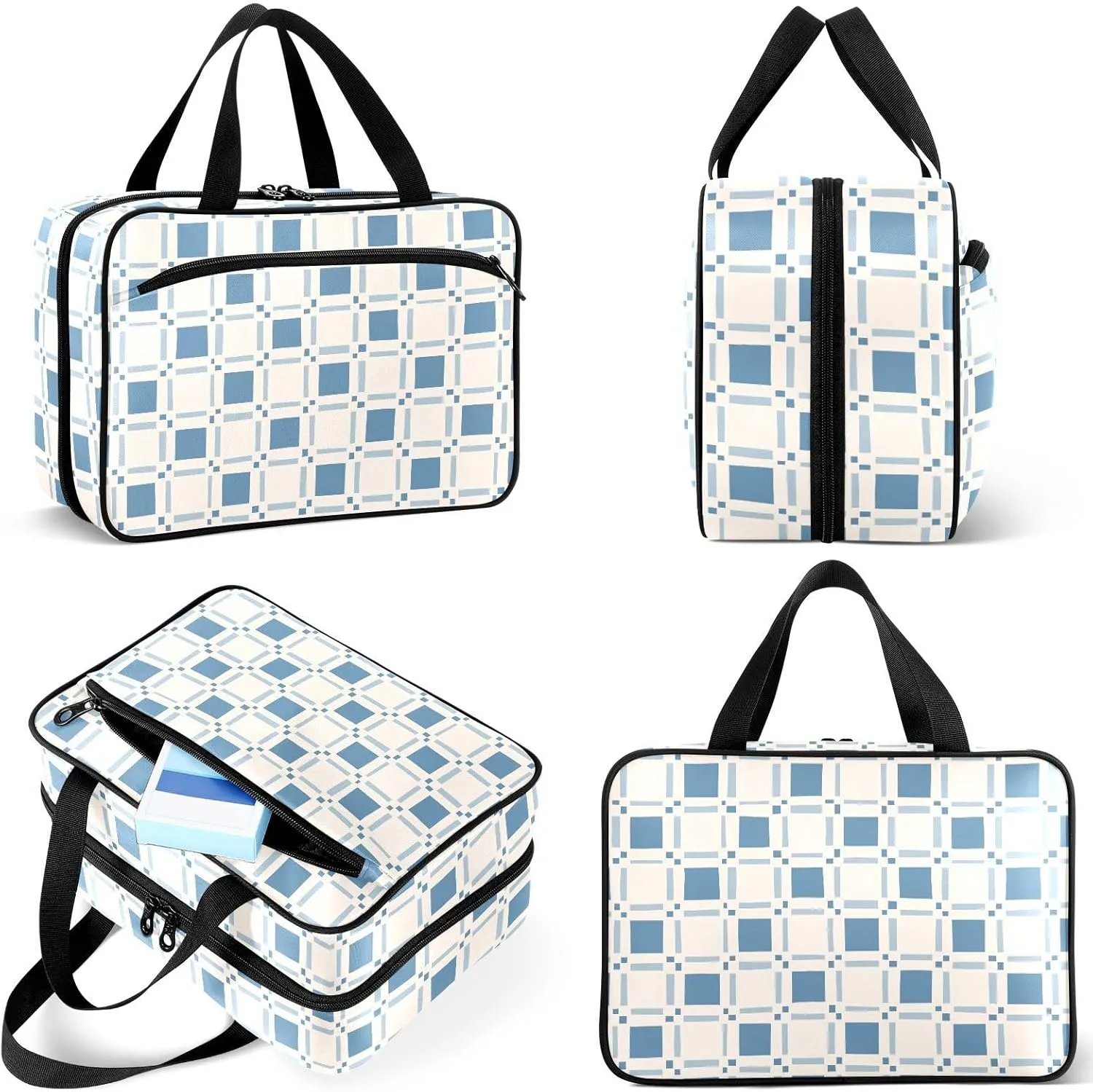 Travel Toiletry Bag for Woman/Men,Blue Beige Checkered Plaid Hanging Organizer Bag with Pockets Portable Folding Travel Case Bags for Makeup Cosmetic Toiletries Storage Traveling-L