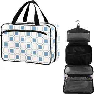 Travel Toiletry Bag for Woman/Men,Blue Beige Checkered Plaid Hanging Organizer Bag with Pockets Portable Folding Travel Case Bags for Makeup Cosmetic Toiletries Storage Traveling-L