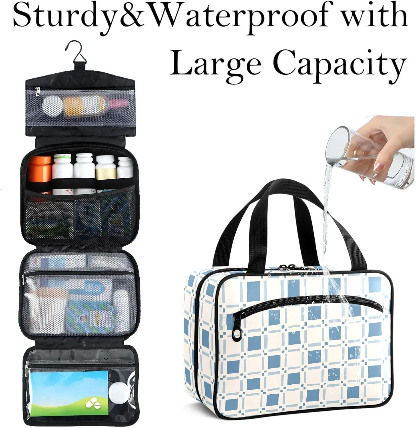 Travel Toiletry Bag for Woman/Men,Blue Beige Checkered Plaid Hanging Organizer Bag with Pockets Portable Folding Travel Case Bags for Makeup Cosmetic Toiletries Storage Traveling-L