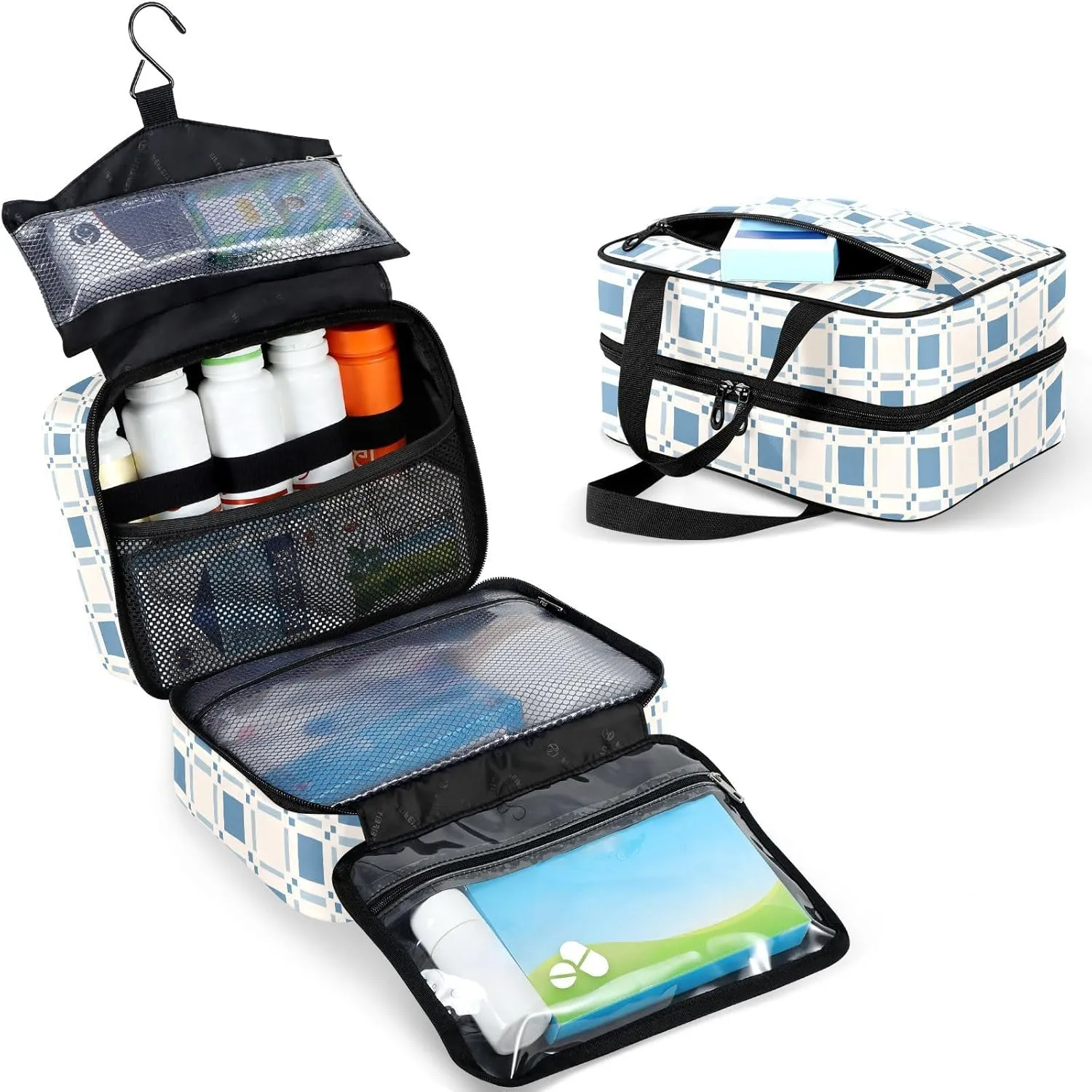 Travel Toiletry Bag for Woman/Men,Blue Beige Checkered Plaid Hanging Organizer Bag with Pockets Portable Folding Travel Case Bags for Makeup Cosmetic Toiletries Storage Traveling-L
