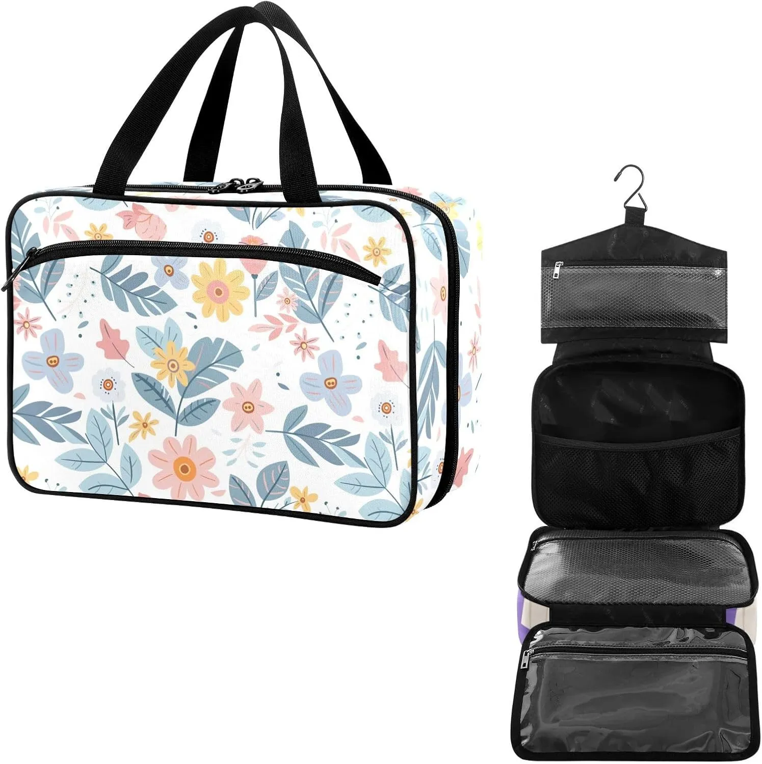 Travel Toiletry Bag for Woman/Men,Flowers Blue White Hanging Organizer Bag with Pockets Portable Folding Travel Case Bags for Makeup Cosmetic Toiletries Storage Traveling-L