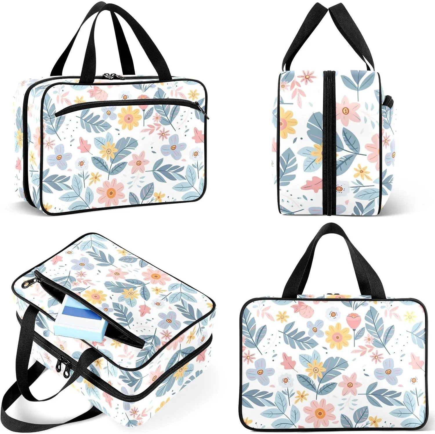 Travel Toiletry Bag for Woman/Men,Flowers Blue White Hanging Organizer Bag with Pockets Portable Folding Travel Case Bags for Makeup Cosmetic Toiletries Storage Traveling-L