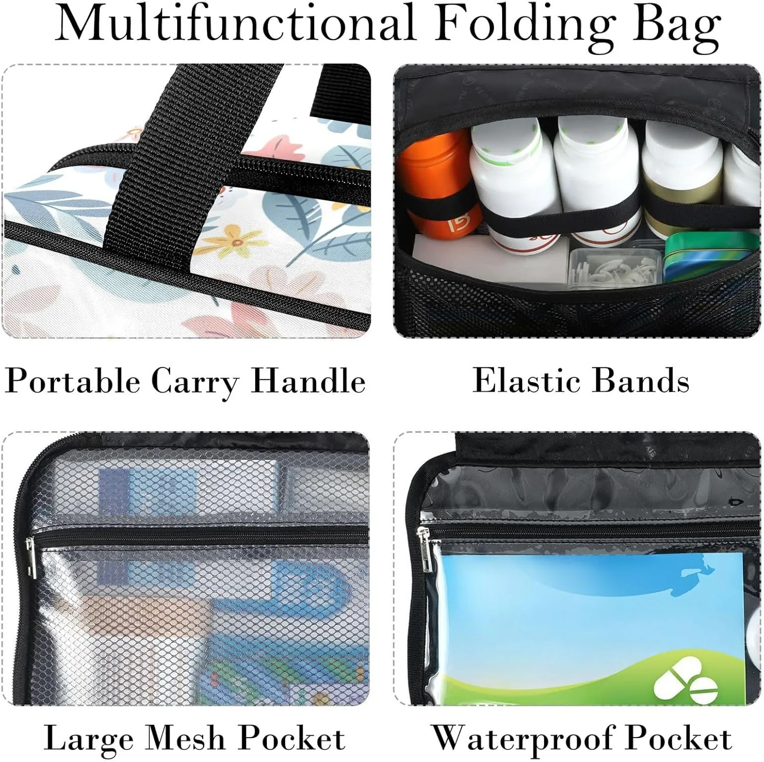 Travel Toiletry Bag for Woman/Men,Flowers Blue White Hanging Organizer Bag with Pockets Portable Folding Travel Case Bags for Makeup Cosmetic Toiletries Storage Traveling-L