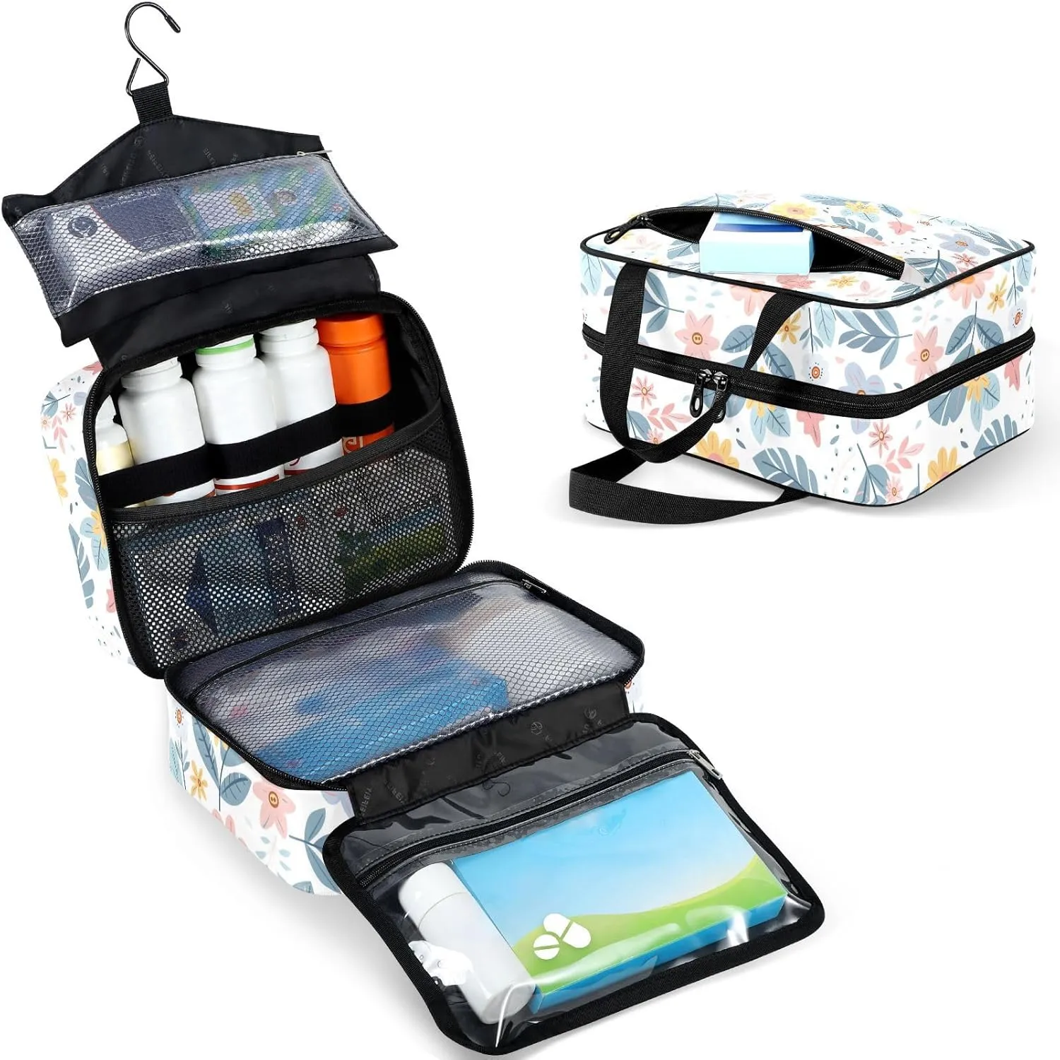 Travel Toiletry Bag for Woman/Men,Flowers Blue White Hanging Organizer Bag with Pockets Portable Folding Travel Case Bags for Makeup Cosmetic Toiletries Storage Traveling-L