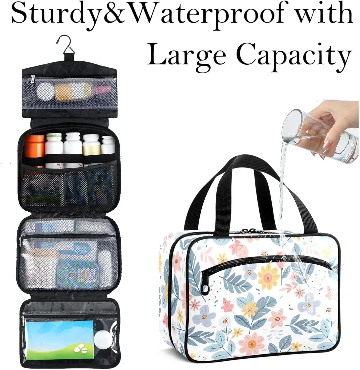 Travel Toiletry Bag for Woman/Men,Flowers Blue White Hanging Organizer Bag with Pockets Portable Folding Travel Case Bags for Makeup Cosmetic Toiletries Storage Traveling-L