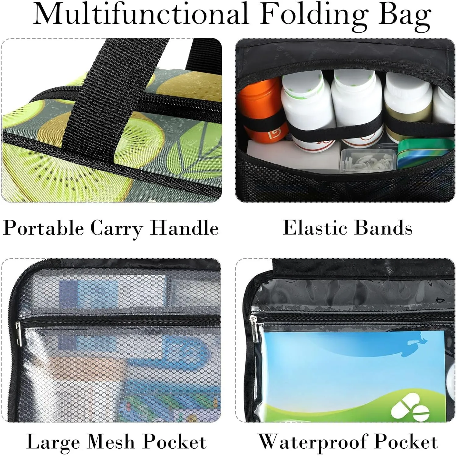 Travel Toiletry Bag for Woman/Men,Gray Sage Green Kiwi Fruit Flower Hanging Organizer Bag with Pockets Portable Folding Travel Case Bags for Makeup Cosmetic Toiletries Storage Traveling-L