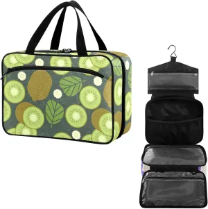 Travel Toiletry Bag for Woman/Men,Gray Sage Green Kiwi Fruit Flower Hanging Organizer Bag with Pockets Portable Folding Travel Case Bags for Makeup Cosmetic Toiletries Storage Traveling-L