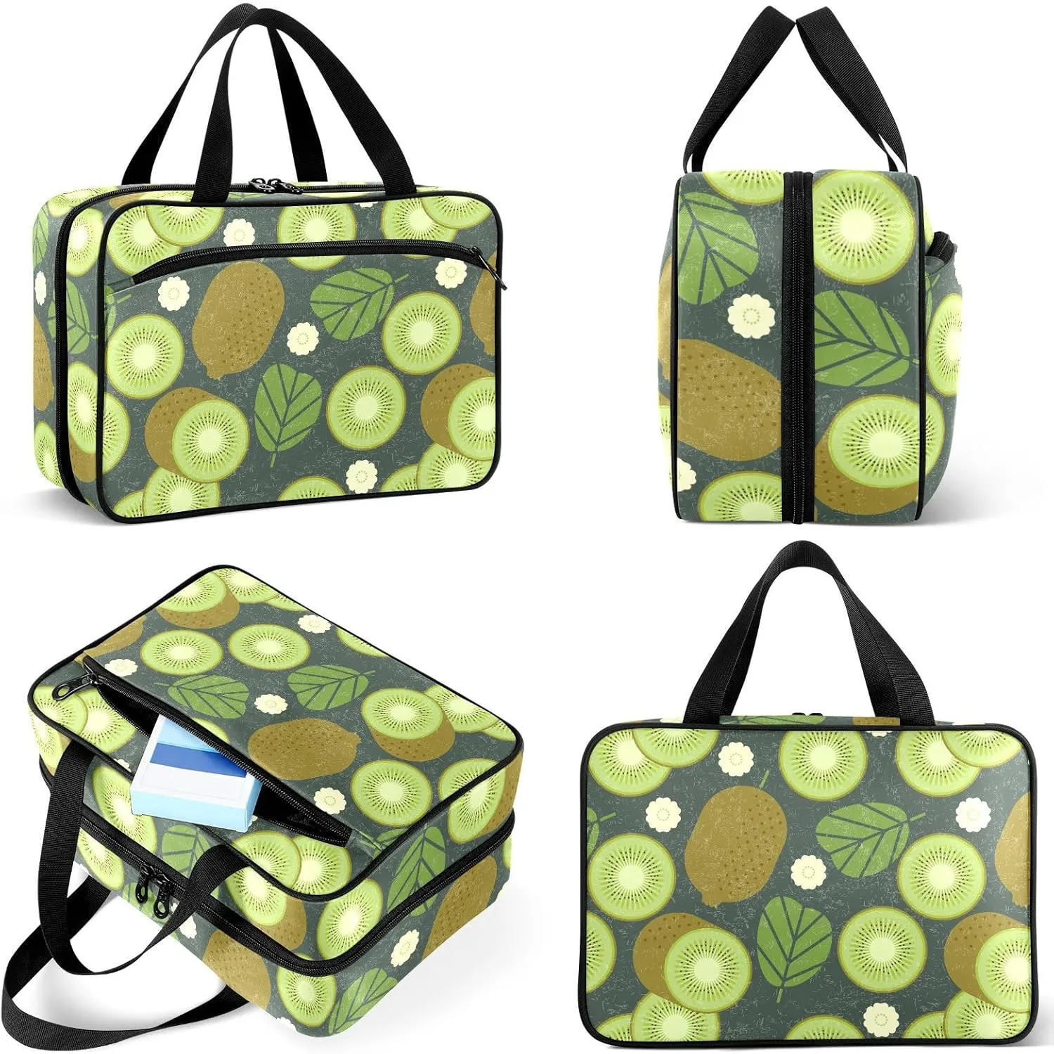 Travel Toiletry Bag for Woman/Men,Gray Sage Green Kiwi Fruit Flower Hanging Organizer Bag with Pockets Portable Folding Travel Case Bags for Makeup Cosmetic Toiletries Storage Traveling-L