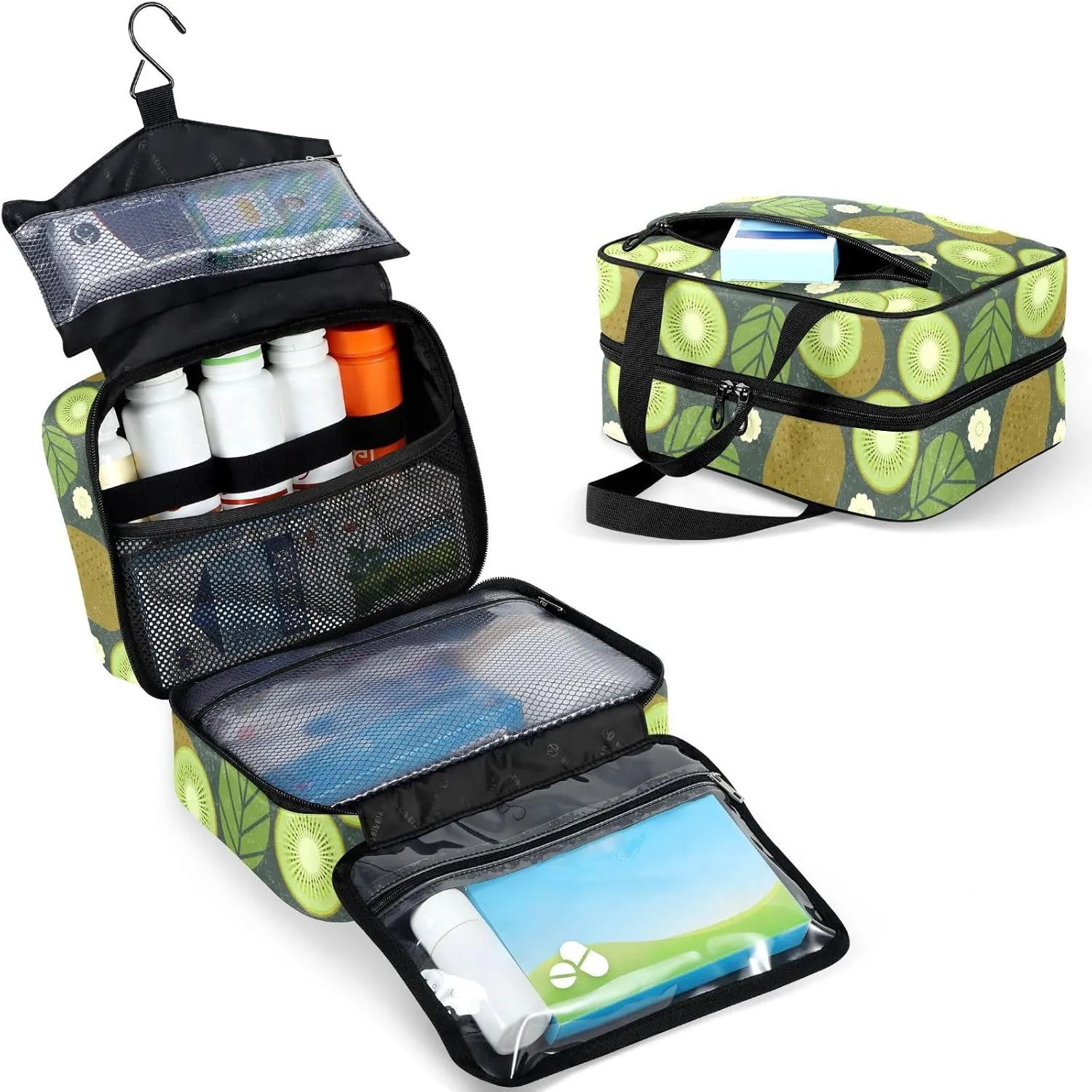 Travel Toiletry Bag for Woman/Men,Gray Sage Green Kiwi Fruit Flower Hanging Organizer Bag with Pockets Portable Folding Travel Case Bags for Makeup Cosmetic Toiletries Storage Traveling-L