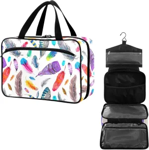 Travel Toiletry Bag for Woman/Men,Indian Feather Watercolor Ethnic Feathers Hanging Organizer Bag with Pockets Portable Folding Travel Case Bags for Makeup Cosmetic Toiletries Storage Traveling-L