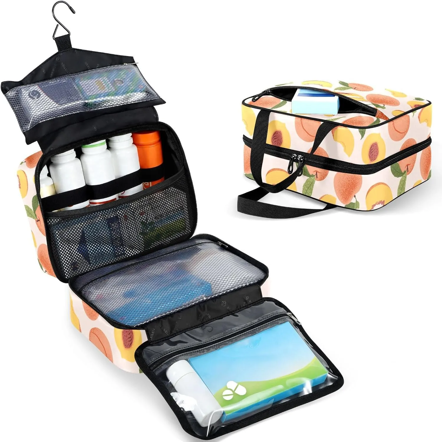 Travel Toiletry Bag for Woman/Men,Peach Pink Summer Fruit Cute Modern Hanging Organizer Bag with Pockets Portable Folding Travel Case Bags for Makeup Cosmetic Toiletries Storage Traveling-M
