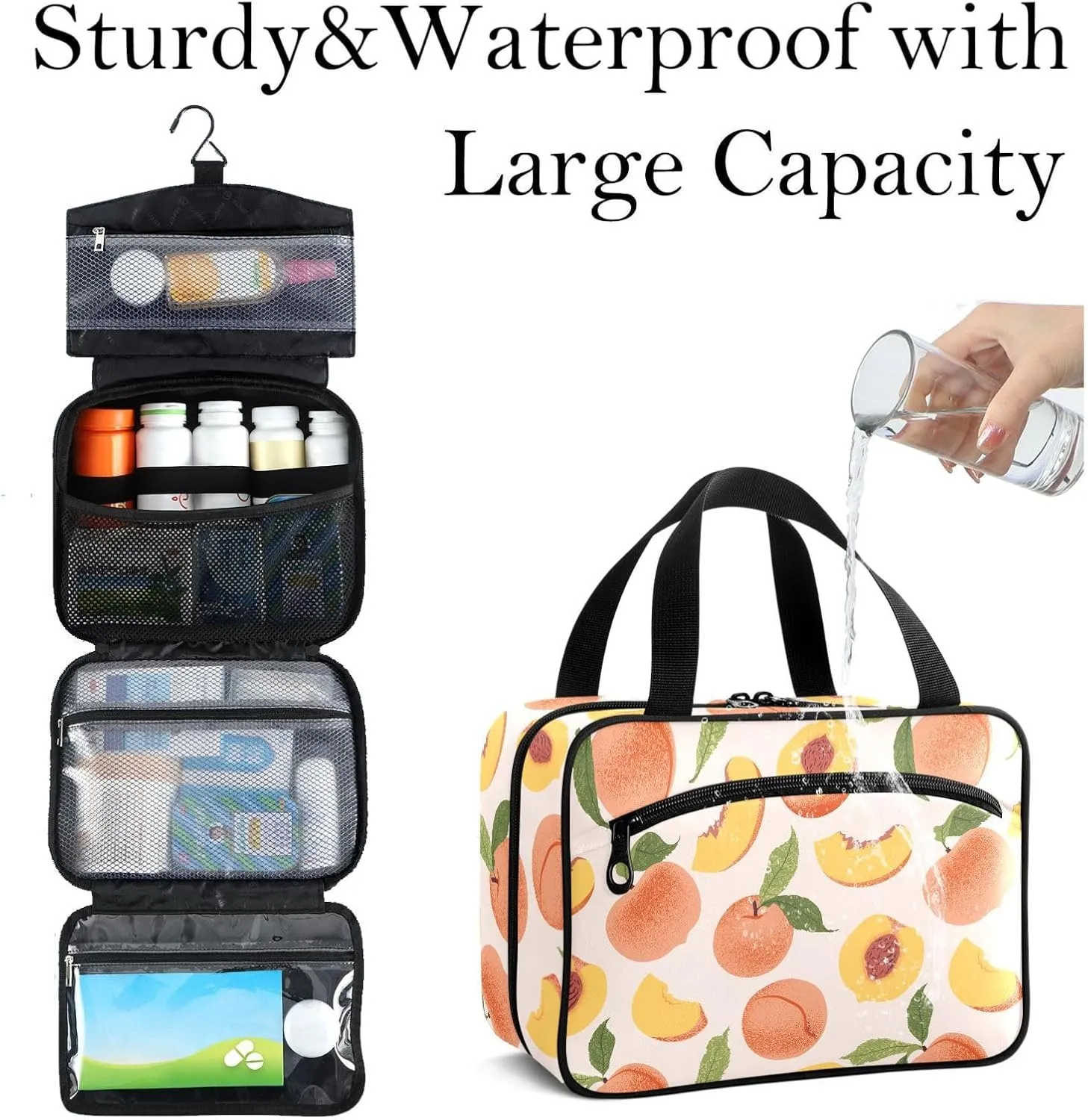 Travel Toiletry Bag for Woman/Men,Peach Pink Summer Fruit Cute Modern Hanging Organizer Bag with Pockets Portable Folding Travel Case Bags for Makeup Cosmetic Toiletries Storage Traveling-M