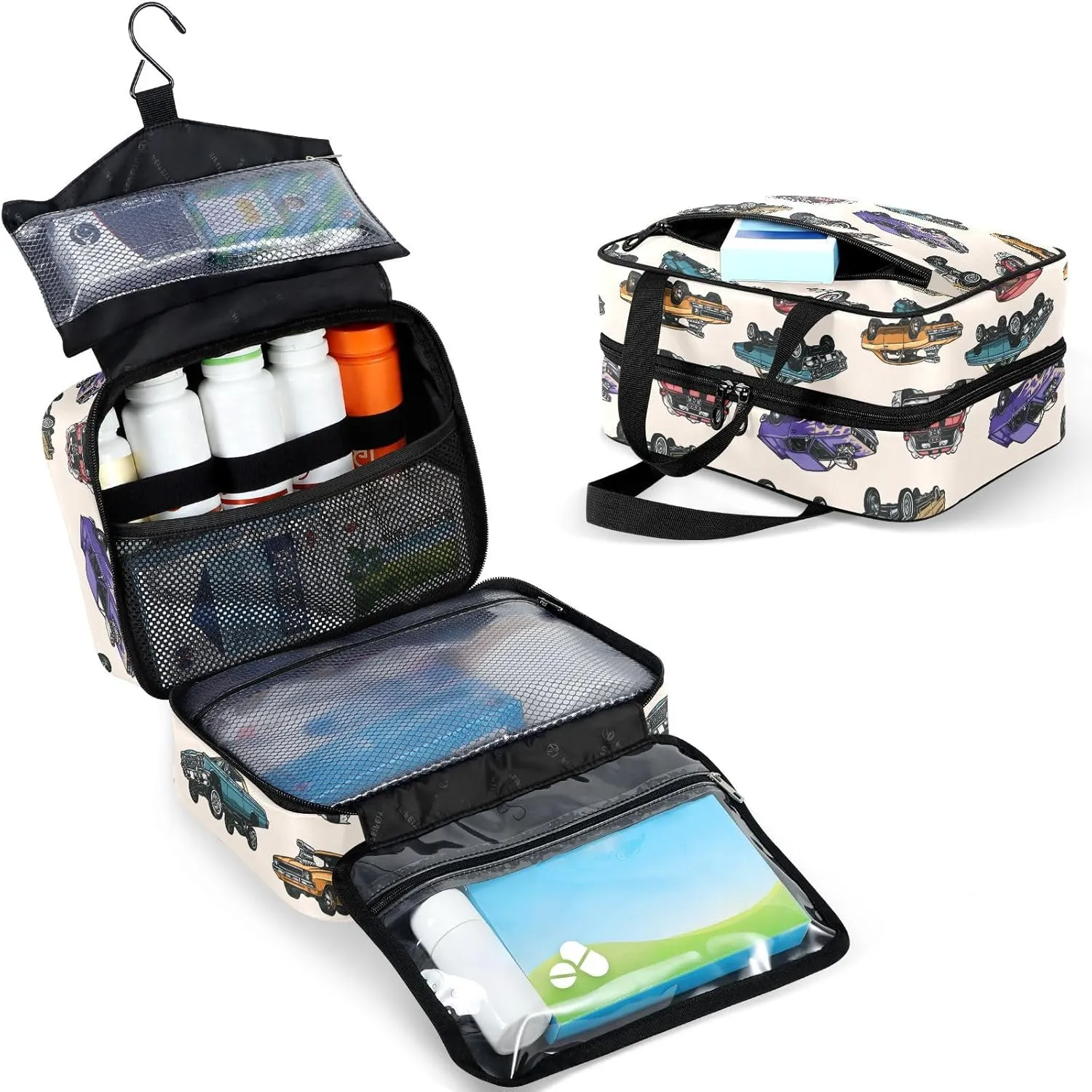 Travel Toiletry Bag for Woman/Men,Retro Old Car Patterned Fire Cars Hanging Organizer Bag with Pockets Portable Folding Travel Case Bags for Makeup Cosmetic Toiletries Storage Traveling-M