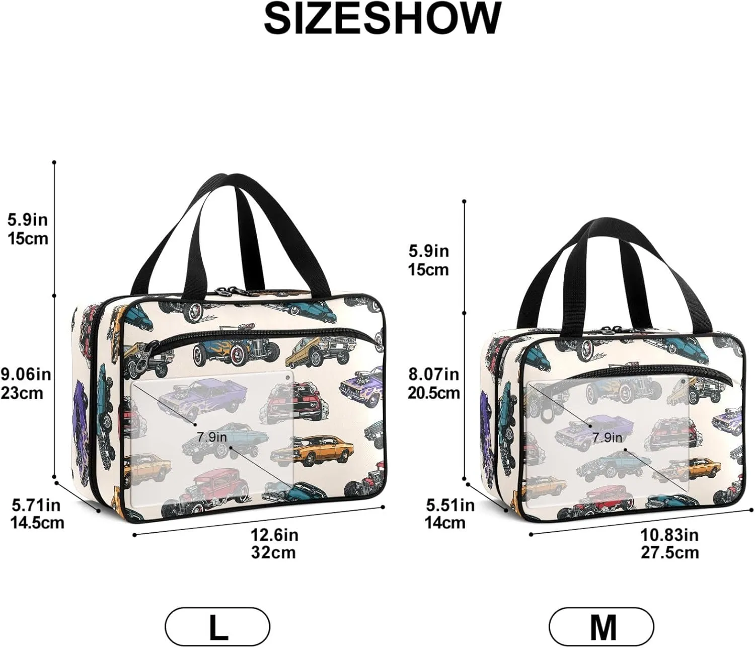 Travel Toiletry Bag for Woman/Men,Retro Old Car Patterned Fire Cars Hanging Organizer Bag with Pockets Portable Folding Travel Case Bags for Makeup Cosmetic Toiletries Storage Traveling-M
