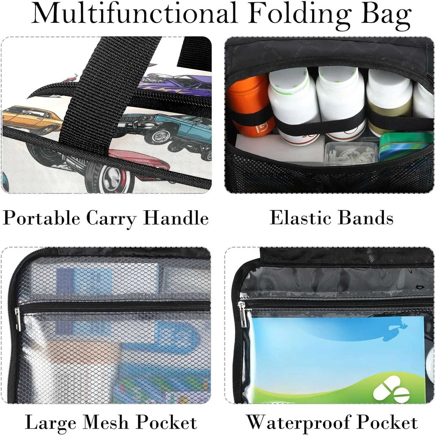 Travel Toiletry Bag for Woman/Men,Retro Old Car Patterned Fire Cars Hanging Organizer Bag with Pockets Portable Folding Travel Case Bags for Makeup Cosmetic Toiletries Storage Traveling-M
