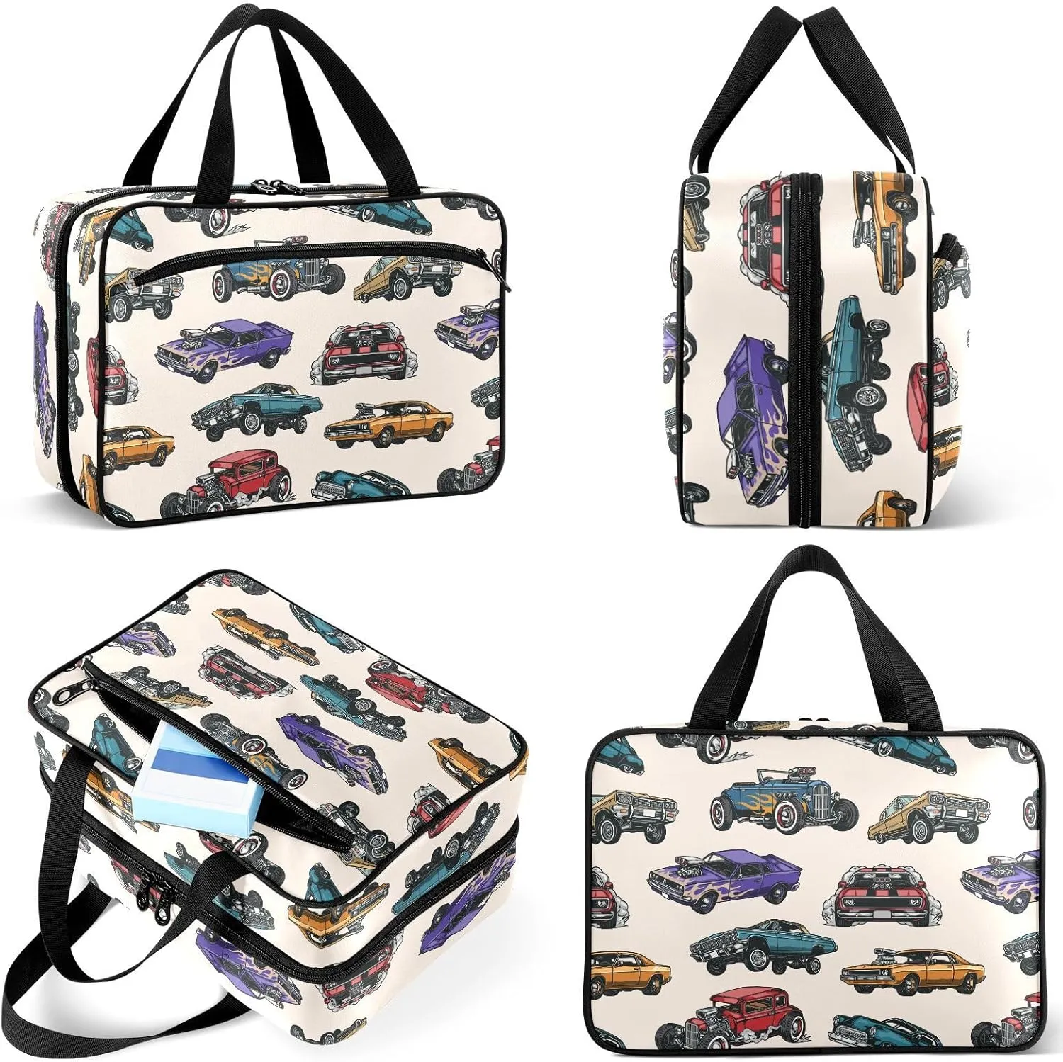 Travel Toiletry Bag for Woman/Men,Retro Old Car Patterned Fire Cars Hanging Organizer Bag with Pockets Portable Folding Travel Case Bags for Makeup Cosmetic Toiletries Storage Traveling-M