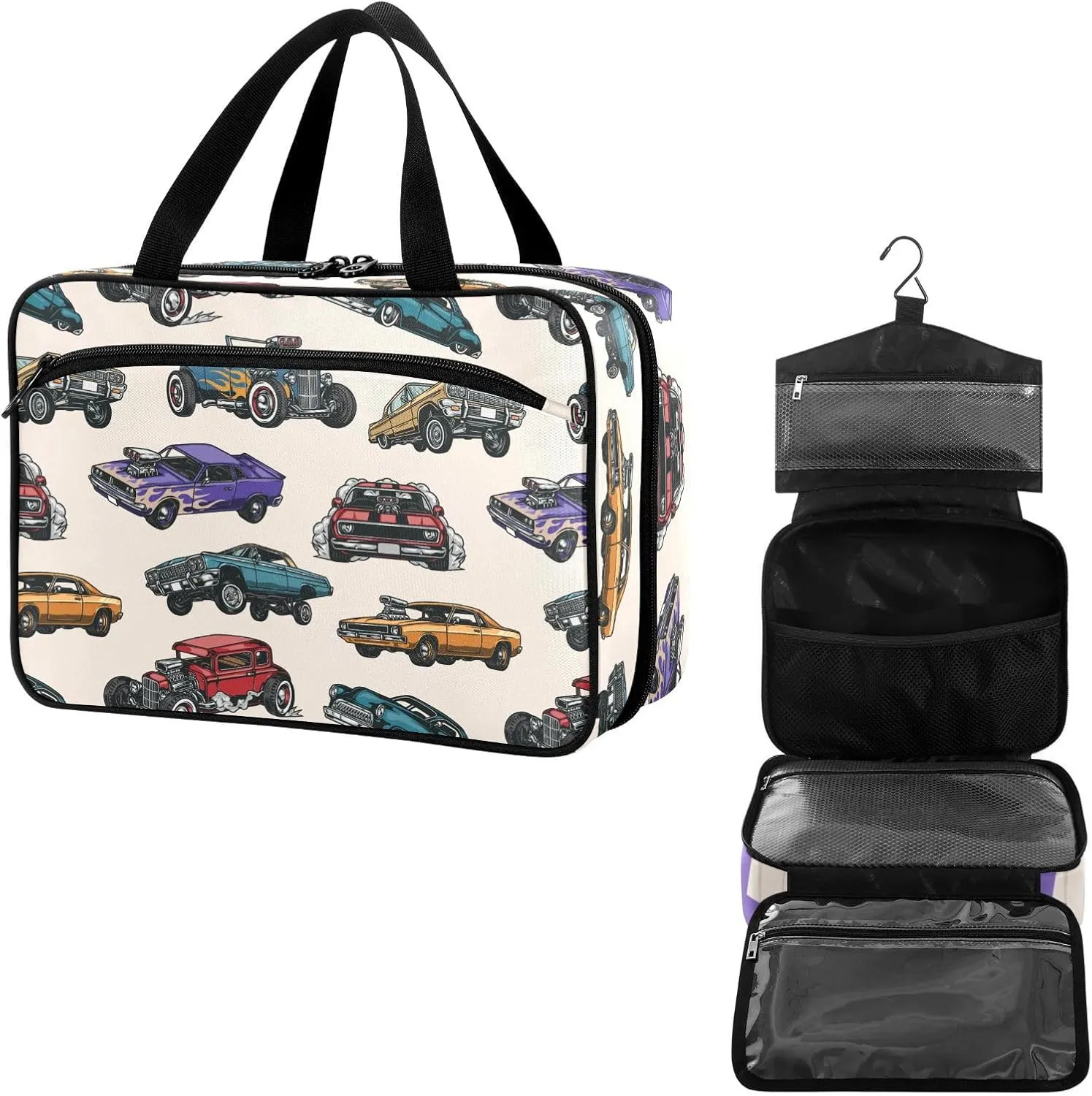 Travel Toiletry Bag for Woman/Men,Retro Old Car Patterned Fire Cars Hanging Organizer Bag with Pockets Portable Folding Travel Case Bags for Makeup Cosmetic Toiletries Storage Traveling-M