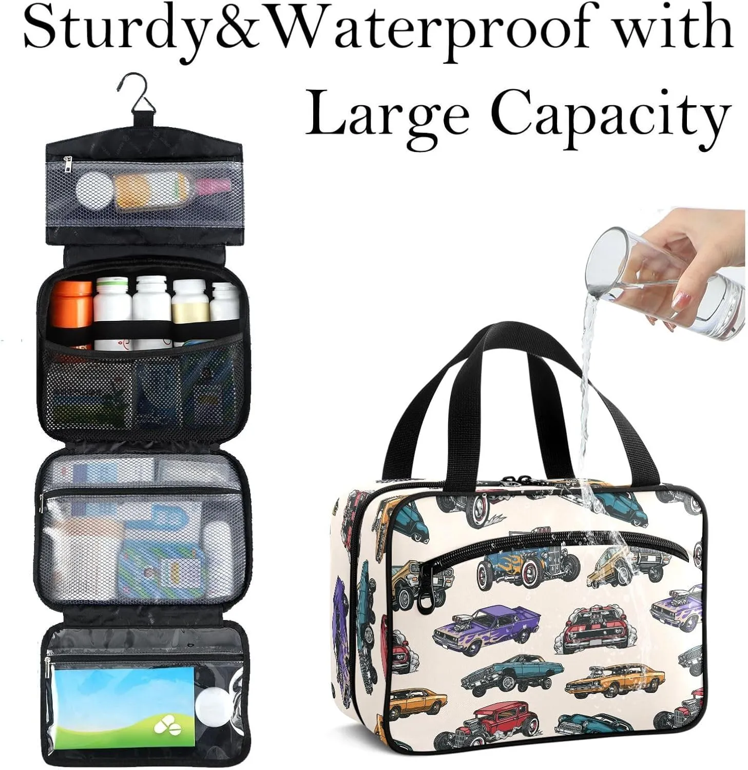Travel Toiletry Bag for Woman/Men,Retro Old Car Patterned Fire Cars Hanging Organizer Bag with Pockets Portable Folding Travel Case Bags for Makeup Cosmetic Toiletries Storage Traveling-M