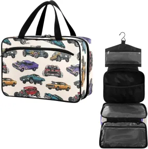 Travel Toiletry Bag for Woman/Men,Retro Old Car Patterned Fire Cars Hanging Organizer Bag with Pockets Portable Folding Travel Case Bags for Makeup Cosmetic Toiletries Storage Traveling-M