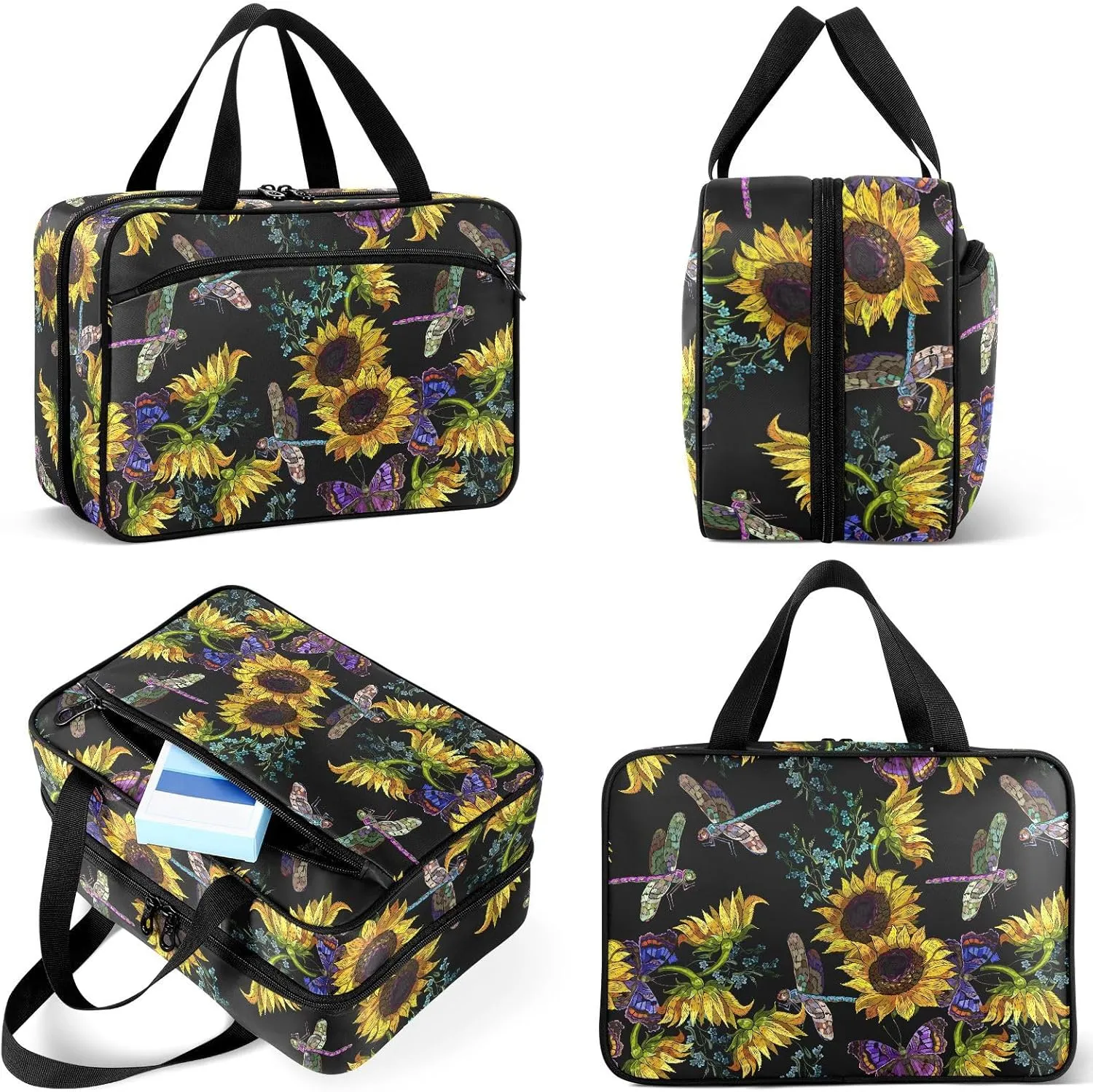 Travel Toiletry Bag for Woman/Men,Sunflower Dragonfly Embroidered Pattern Black Hanging Organizer Bag with Pockets Portable Folding Travel Case Bags for Makeup Cosmetic Toiletries Storage Traveling-L