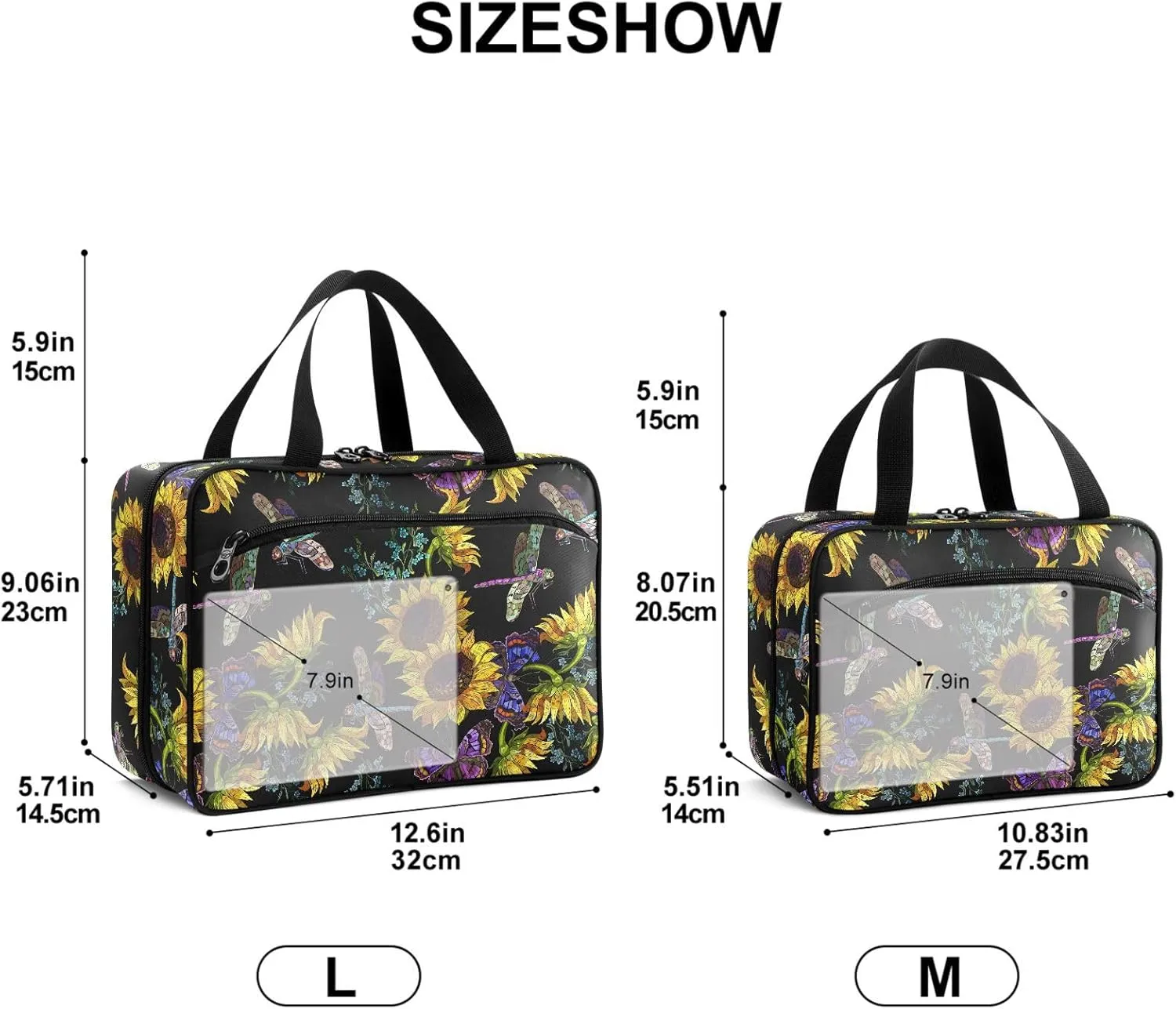 Travel Toiletry Bag for Woman/Men,Sunflower Dragonfly Embroidered Pattern Black Hanging Organizer Bag with Pockets Portable Folding Travel Case Bags for Makeup Cosmetic Toiletries Storage Traveling-L