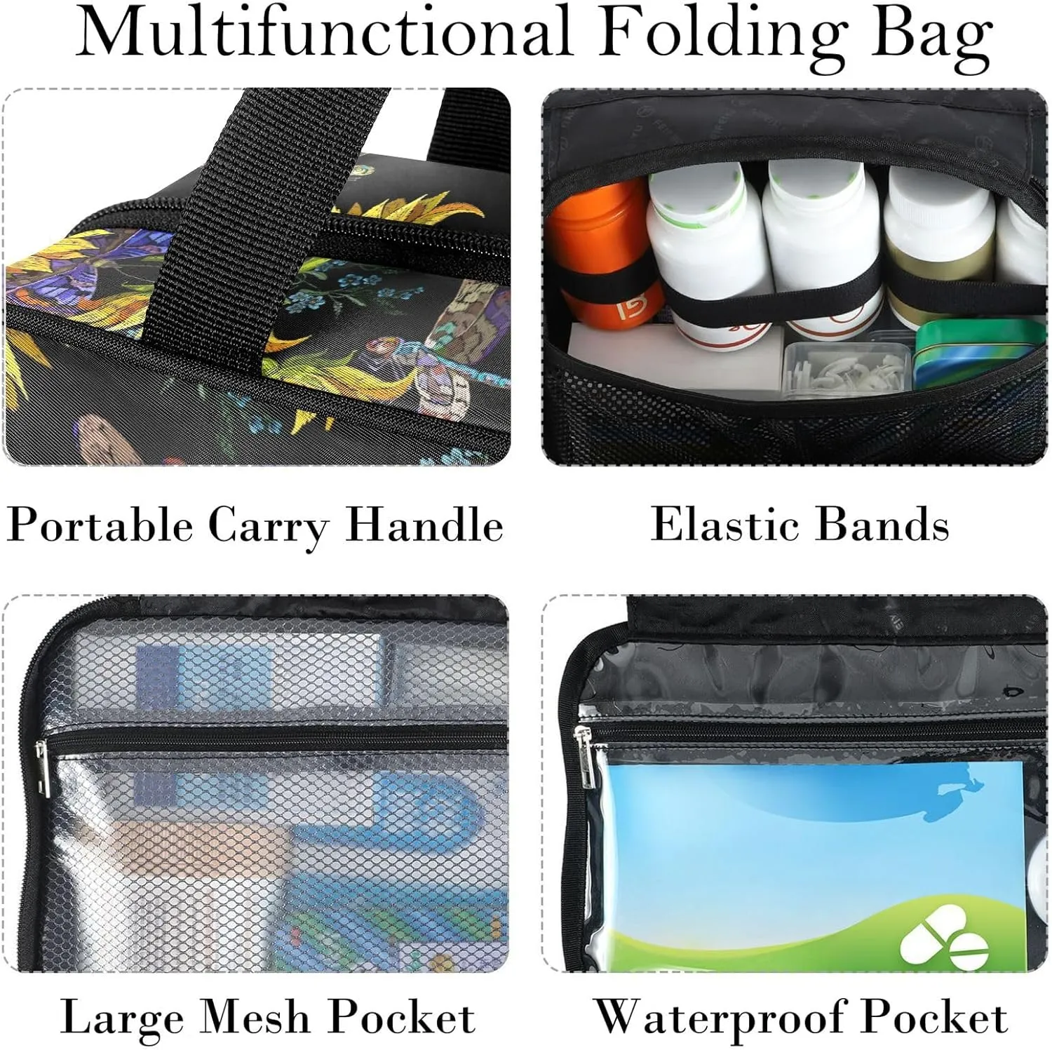 Travel Toiletry Bag for Woman/Men,Sunflower Dragonfly Embroidered Pattern Black Hanging Organizer Bag with Pockets Portable Folding Travel Case Bags for Makeup Cosmetic Toiletries Storage Traveling-L
