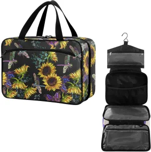 Travel Toiletry Bag for Woman/Men,Sunflower Dragonfly Embroidered Pattern Black Hanging Organizer Bag with Pockets Portable Folding Travel Case Bags for Makeup Cosmetic Toiletries Storage Traveling-L