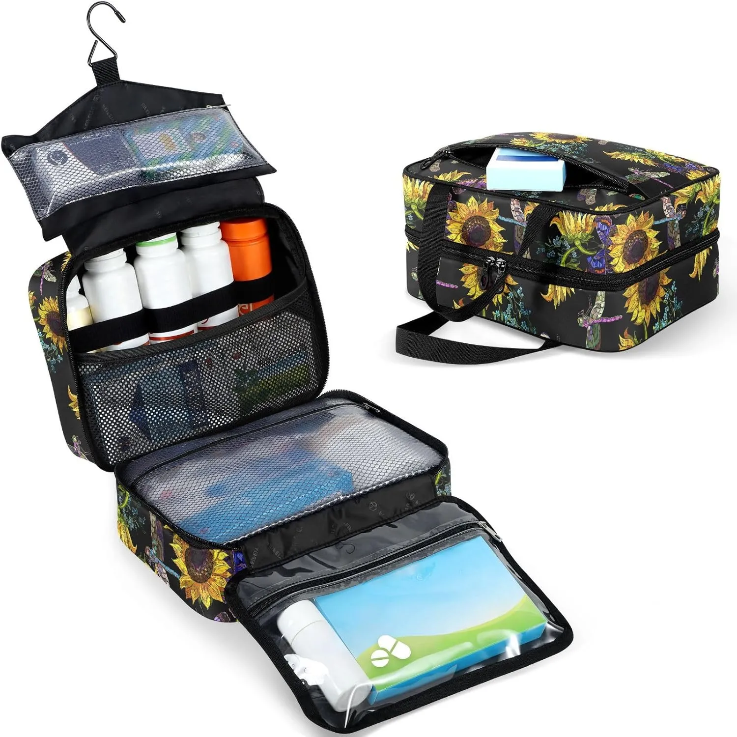Travel Toiletry Bag for Woman/Men,Sunflower Dragonfly Embroidered Pattern Black Hanging Organizer Bag with Pockets Portable Folding Travel Case Bags for Makeup Cosmetic Toiletries Storage Traveling-L