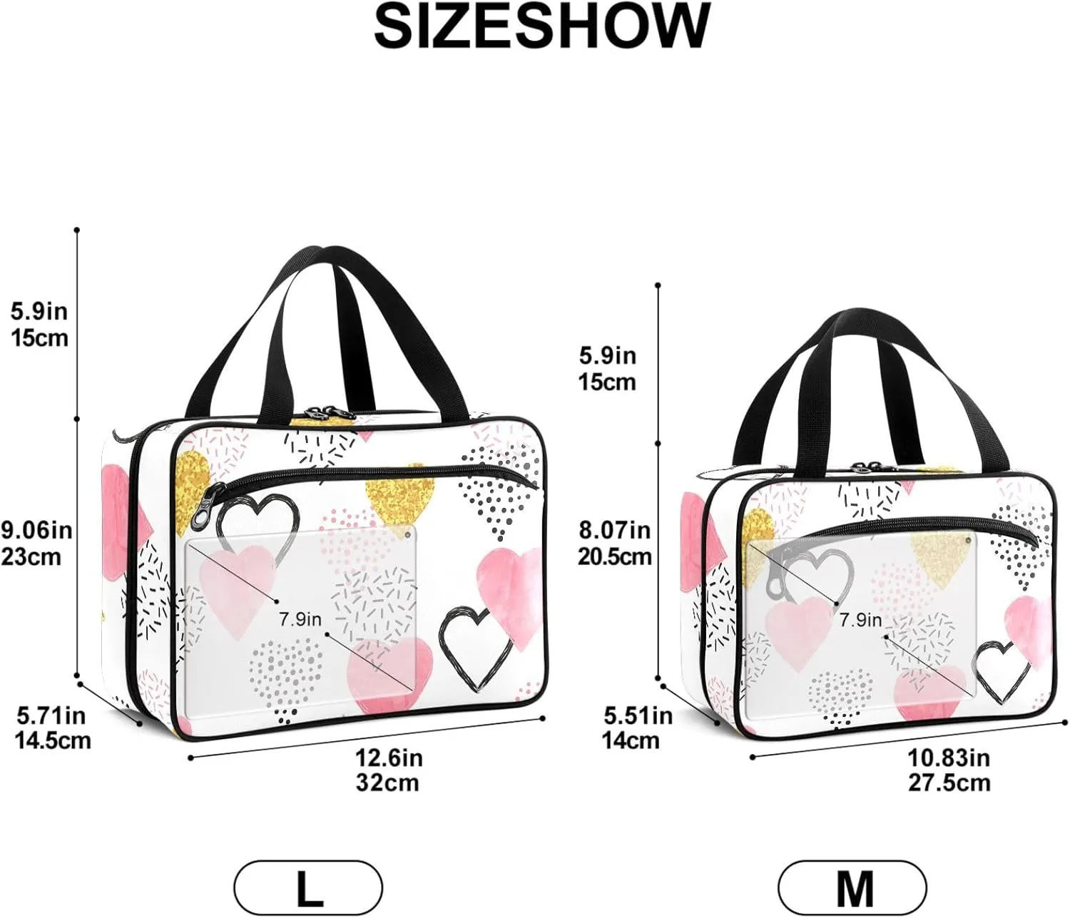 Travel Toiletry Bag for Woman/Men,Valentine's Day Pink and Gold Heart Pattern Hanging Organizer Bag with Pockets Portable Folding Travel Case Bags for Makeup Cosmetic Toiletries Storage Traveling-L