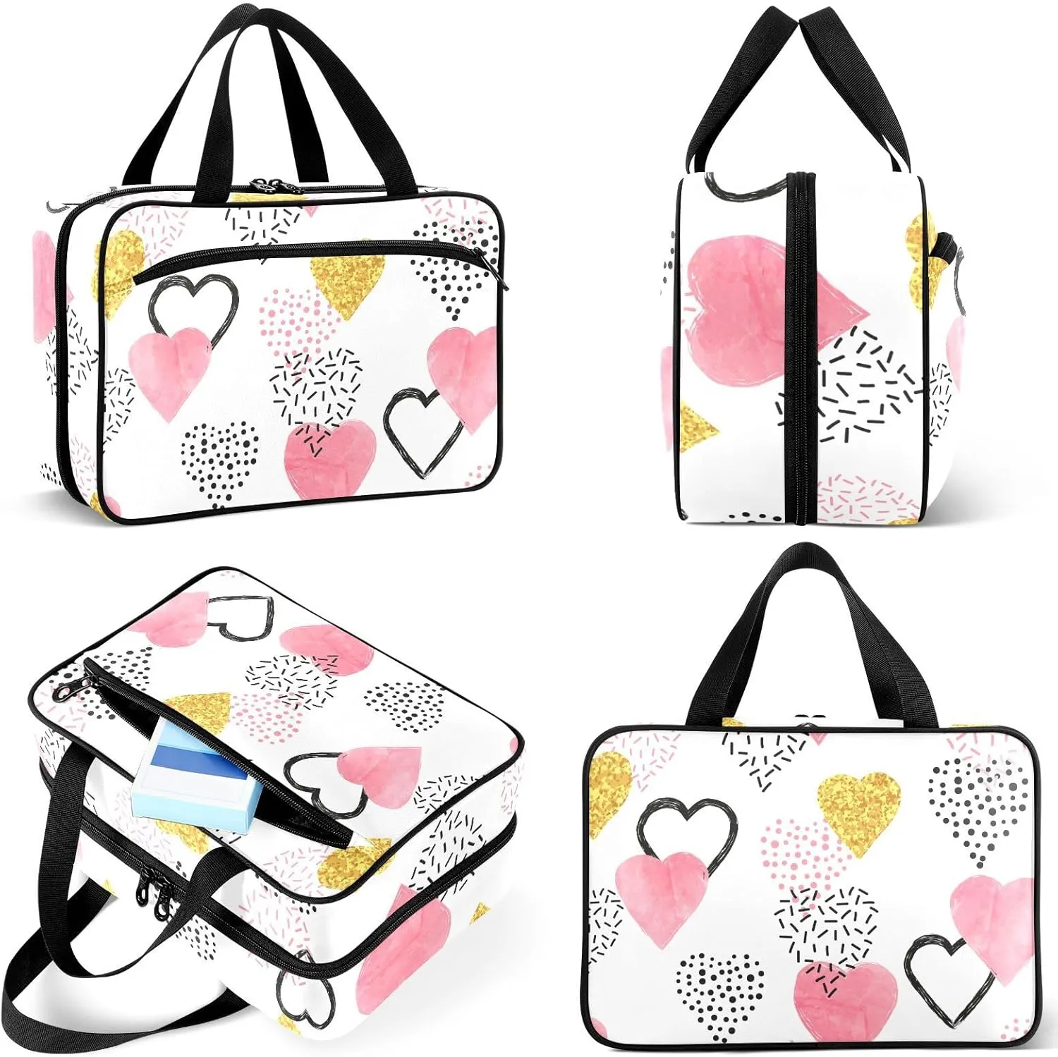 Travel Toiletry Bag for Woman/Men,Valentine's Day Pink and Gold Heart Pattern Hanging Organizer Bag with Pockets Portable Folding Travel Case Bags for Makeup Cosmetic Toiletries Storage Traveling-L