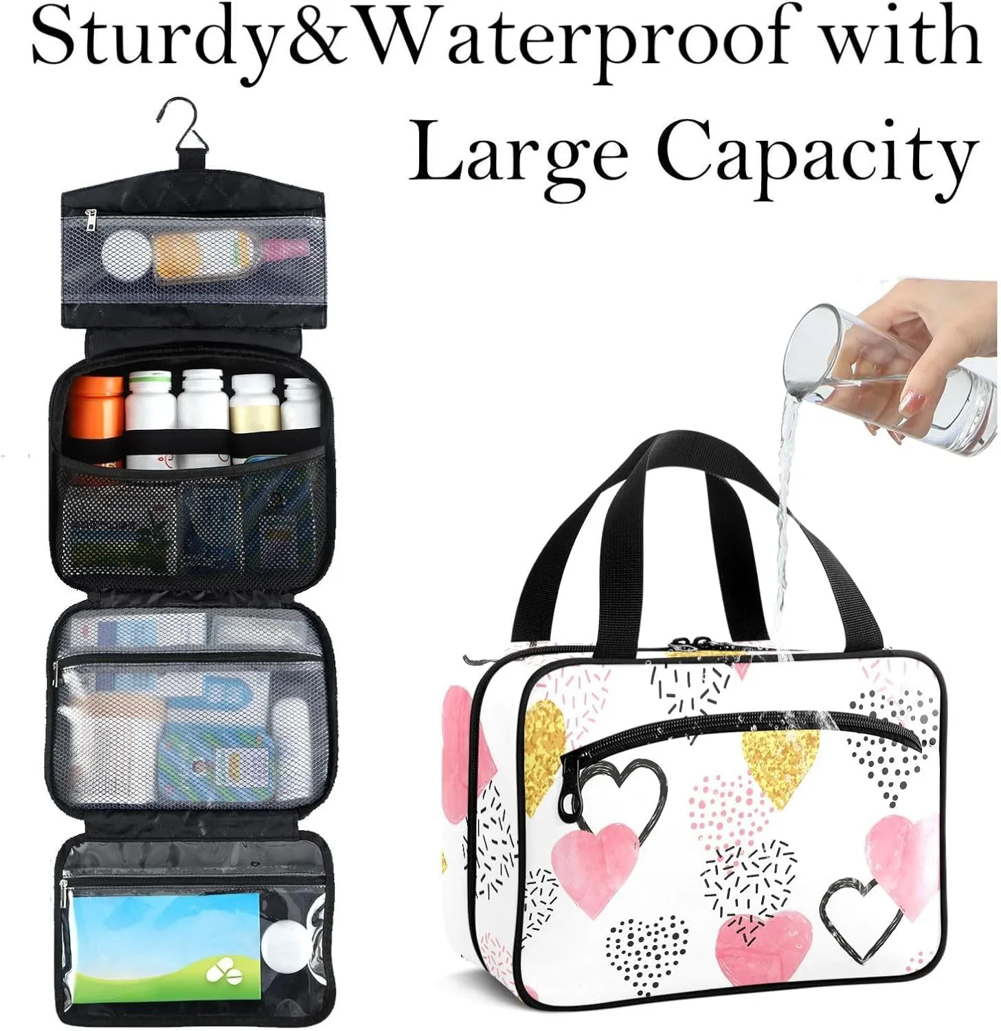 Travel Toiletry Bag for Woman/Men,Valentine's Day Pink and Gold Heart Pattern Hanging Organizer Bag with Pockets Portable Folding Travel Case Bags for Makeup Cosmetic Toiletries Storage Traveling-L