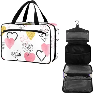 Travel Toiletry Bag for Woman/Men,Valentine's Day Pink and Gold Heart Pattern Hanging Organizer Bag with Pockets Portable Folding Travel Case Bags for Makeup Cosmetic Toiletries Storage Traveling-L