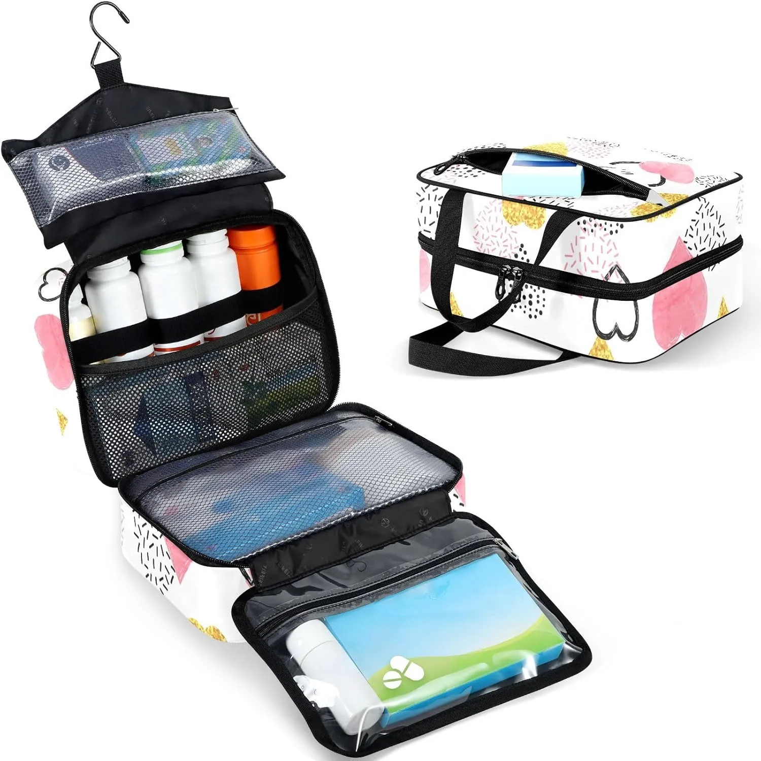 Travel Toiletry Bag for Woman/Men,Valentine's Day Pink and Gold Heart Pattern Hanging Organizer Bag with Pockets Portable Folding Travel Case Bags for Makeup Cosmetic Toiletries Storage Traveling-L