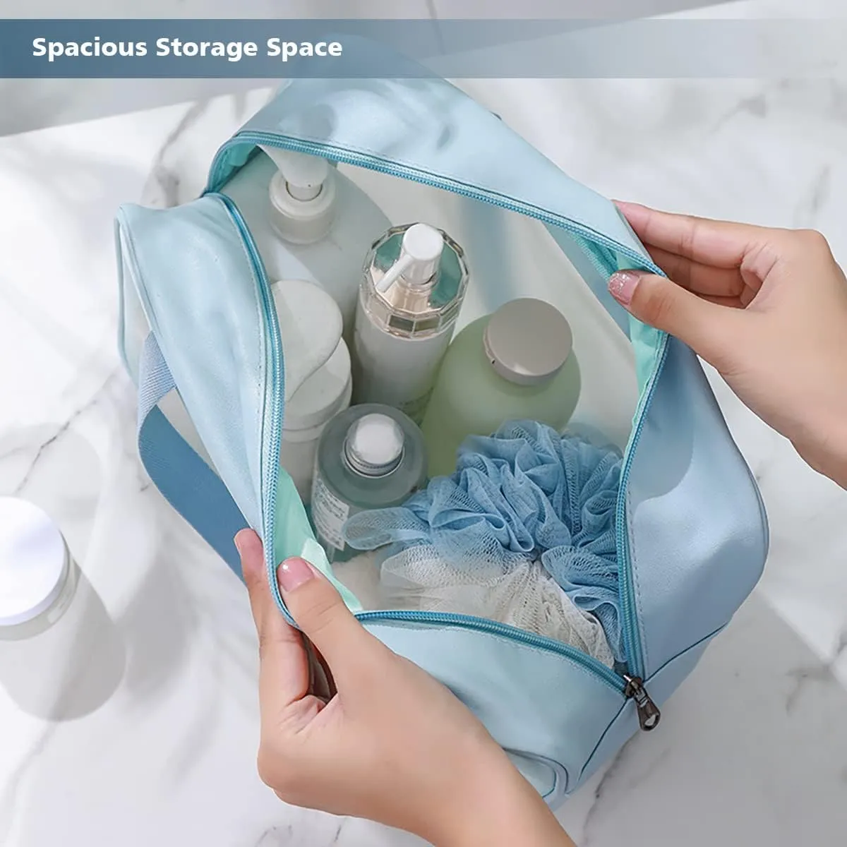 Travel Toiletry Bag for Women and Men, Matte Translucent Toiletry Bag with Handy Handle, Makeup Cosmetic Organizer Bag for Travel Toiletries Accessories (Blue)