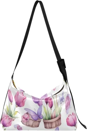 Tulips Watercolor Tote Bag for Women Large Hobo Bags Crossbody Hobo Bags Leather Hobo Bags with Adjustable Strap for School Women