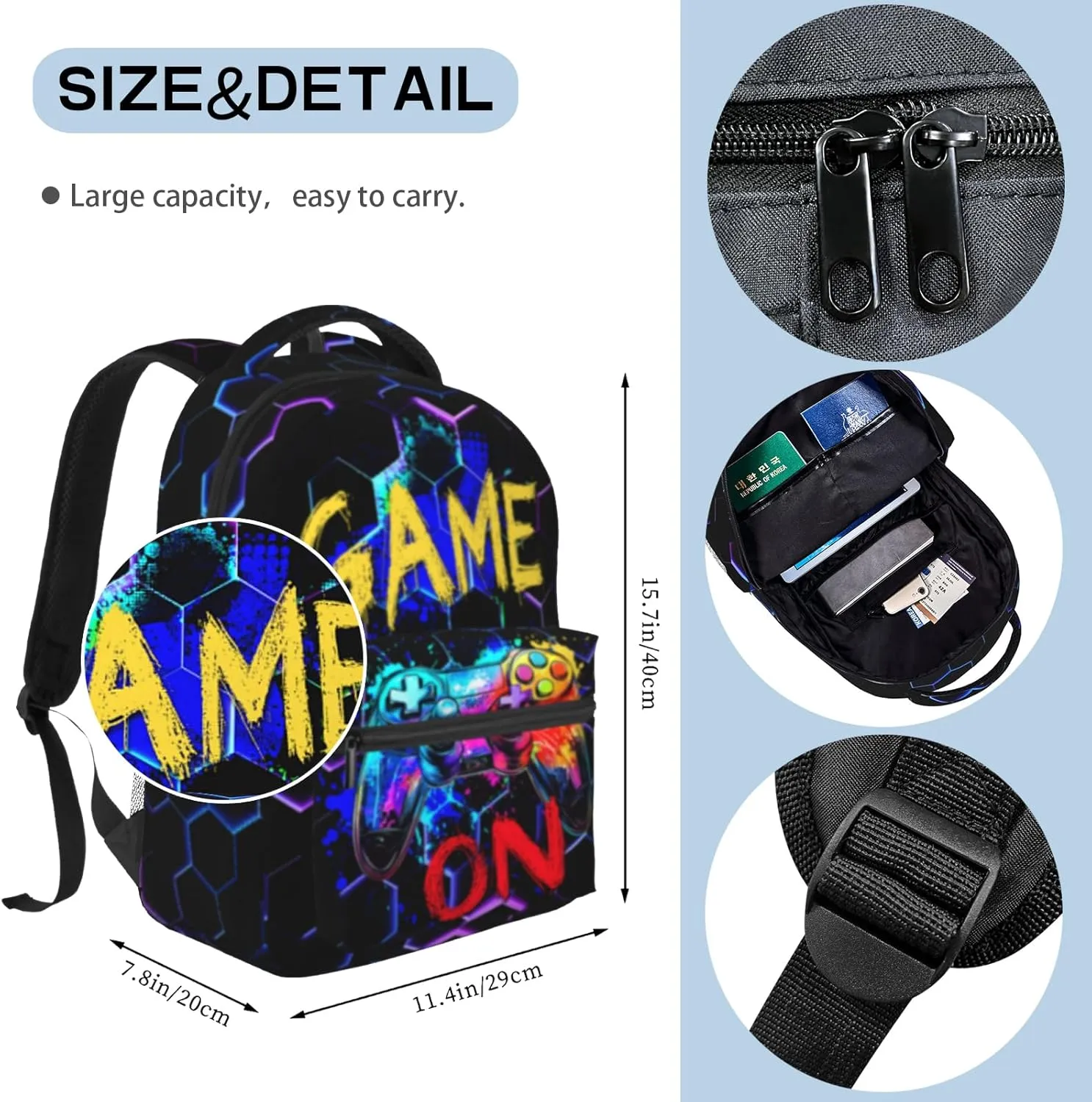 Vedio Game School Backpack for Boys Girls Black Game Boy Backpack for Kids Teen 6-18 Children Elementary Computer Bookbag Laptop Bag for Travel Hiking Outdoor Sports Back to School Gifts