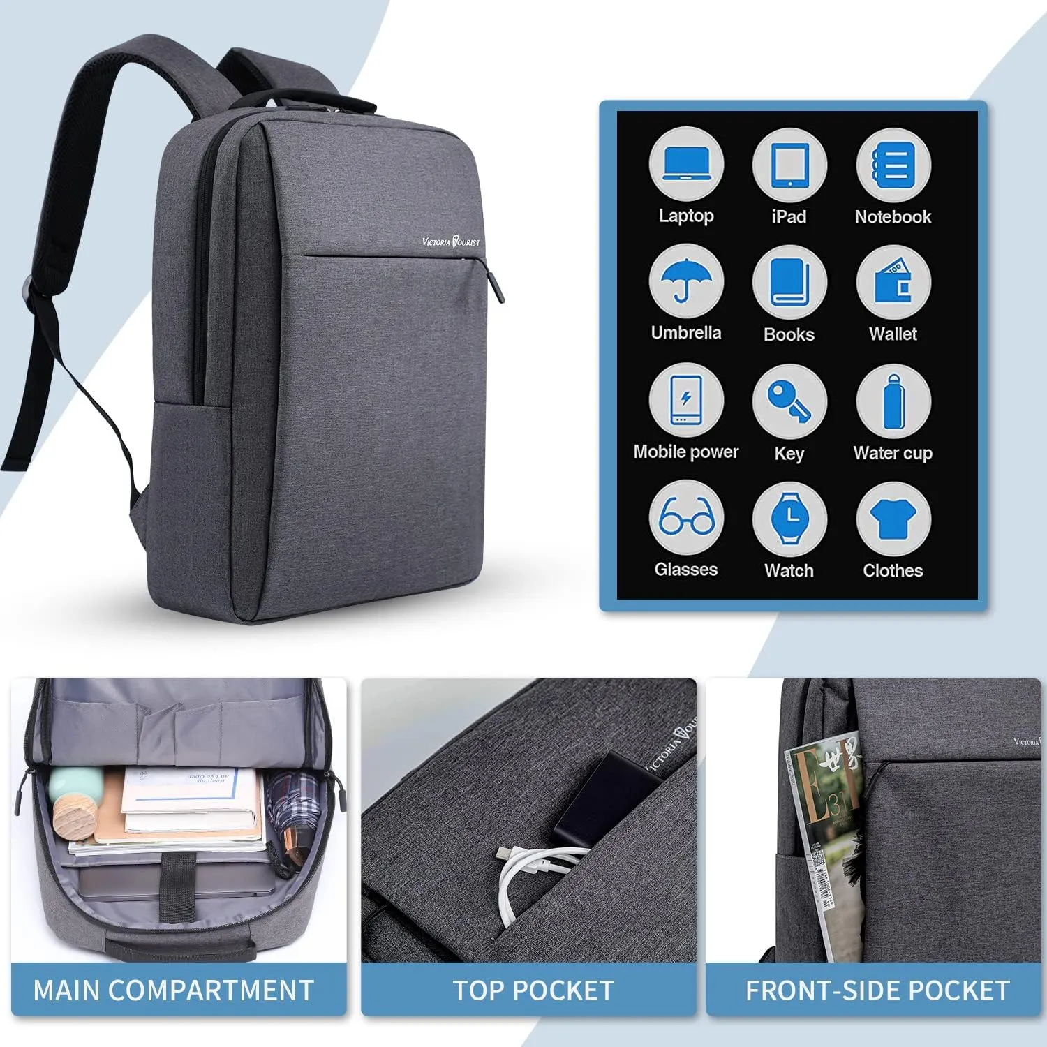 Victoriatourist Laptop Backpack 15.6 Inch, Business Slim Durable Travel Backpacks with USB Charging Port, College Computer Bag Gifts for Men and Women Fits Notebook (Grey)